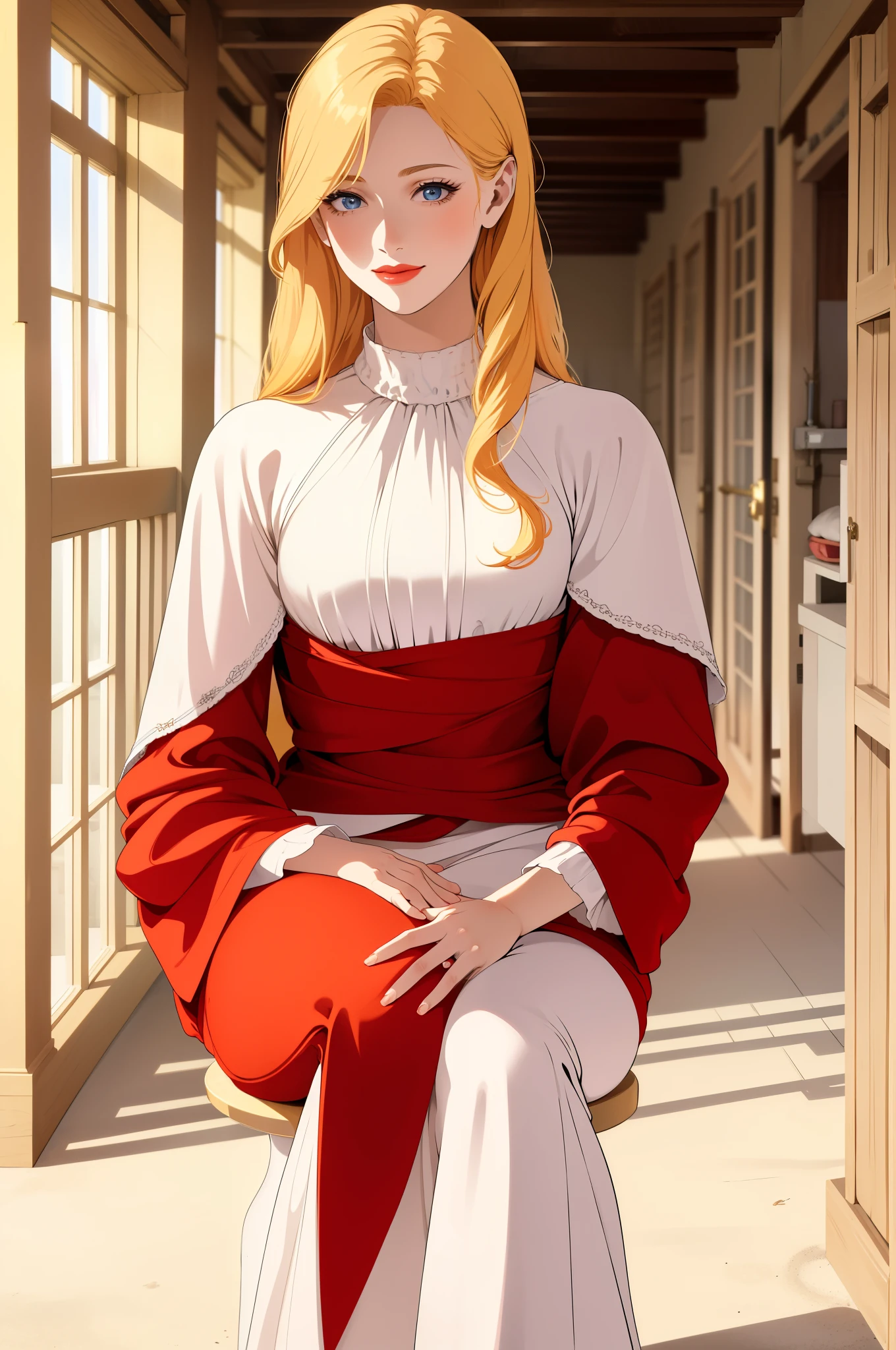 an extremely beautiful and gorgeous yellow skin mother, long orange shiny hair, a kind smile, blue eyes, red lips, and red nails, wearing a long white full body covering white dress, sitting in the corner of a horse stable, looking down at her extremely cute small blonde white fair daughter, grass floor, day time.