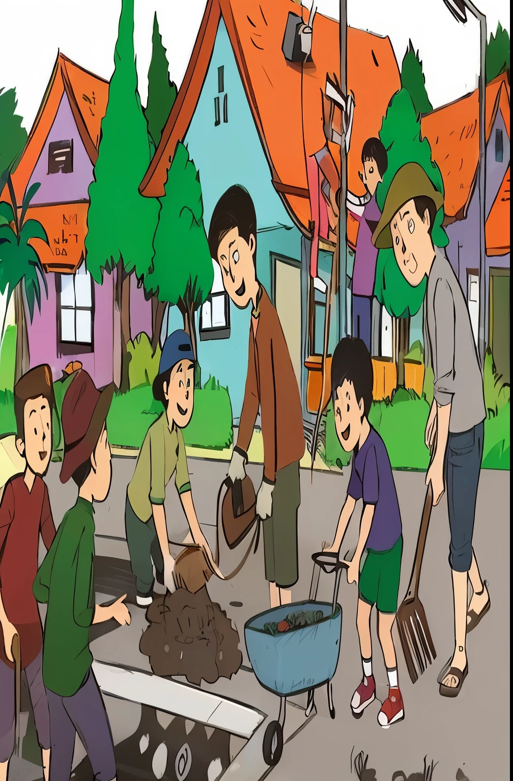 a group of children are gathered around a wheelbarrow in a neighborhood, clean streets, clean environment, ilustration, gardening, daily life, illustration for children, by Francis Helps, random background scene, cartoon illustration, an illustration, using a spade, clean and neat, in a suburb, cartoon still, as well as the handyboy, leaked image