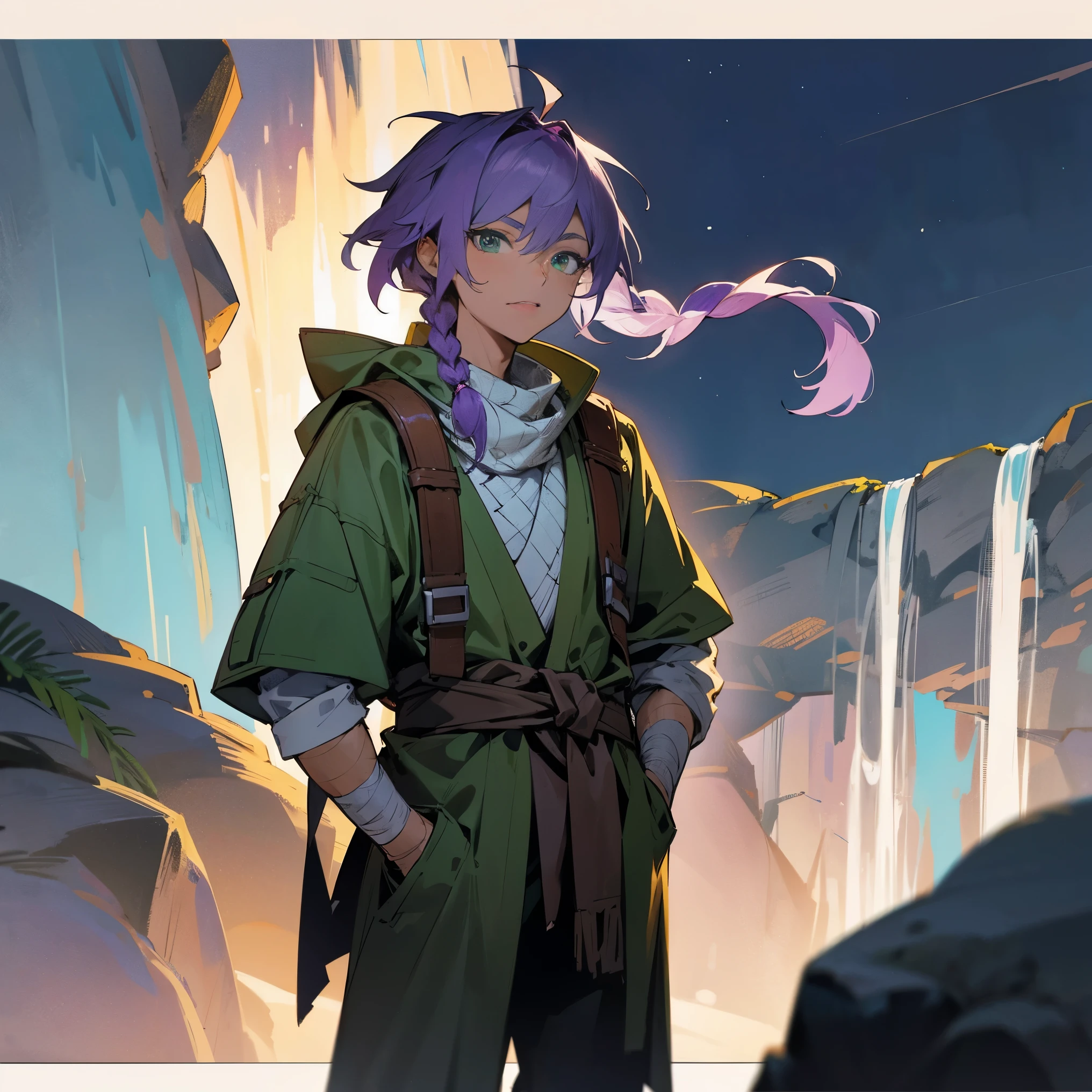 1male, young adult, tan skin, finely detailed green eyes, long messy hair with braided ponytail, purple hair color, adventurer clothing, bandages wrapped around arms, standing with hands in pocket, standing on open trail, waterfall, night, somber expression, muscular 
