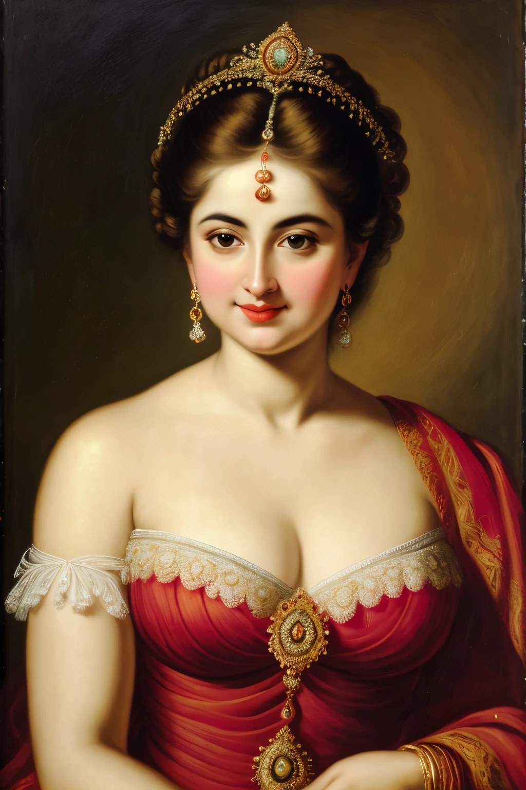 Looks like Pragya Nagra, Masterpiece, Best quality, high clarity eyes, critically flawless,sharp picture, Full portrait, perfect plump figure, High pixels, perfect face, perfect eyes, beautiful face, perfect hands,perfect fingers, in Peter Paul Rubens style, by Peter Paul Rubens, baroque style, acrylic on canvas, highly detailed, description: "Create a nymph inspired by the tales of Greek or Roman mythology, embodying the essence of a natural element or location, and possessing a unique ability or trait that sets her apart.", strapless Bra of ancient times, strapless bralette, armpits showing,