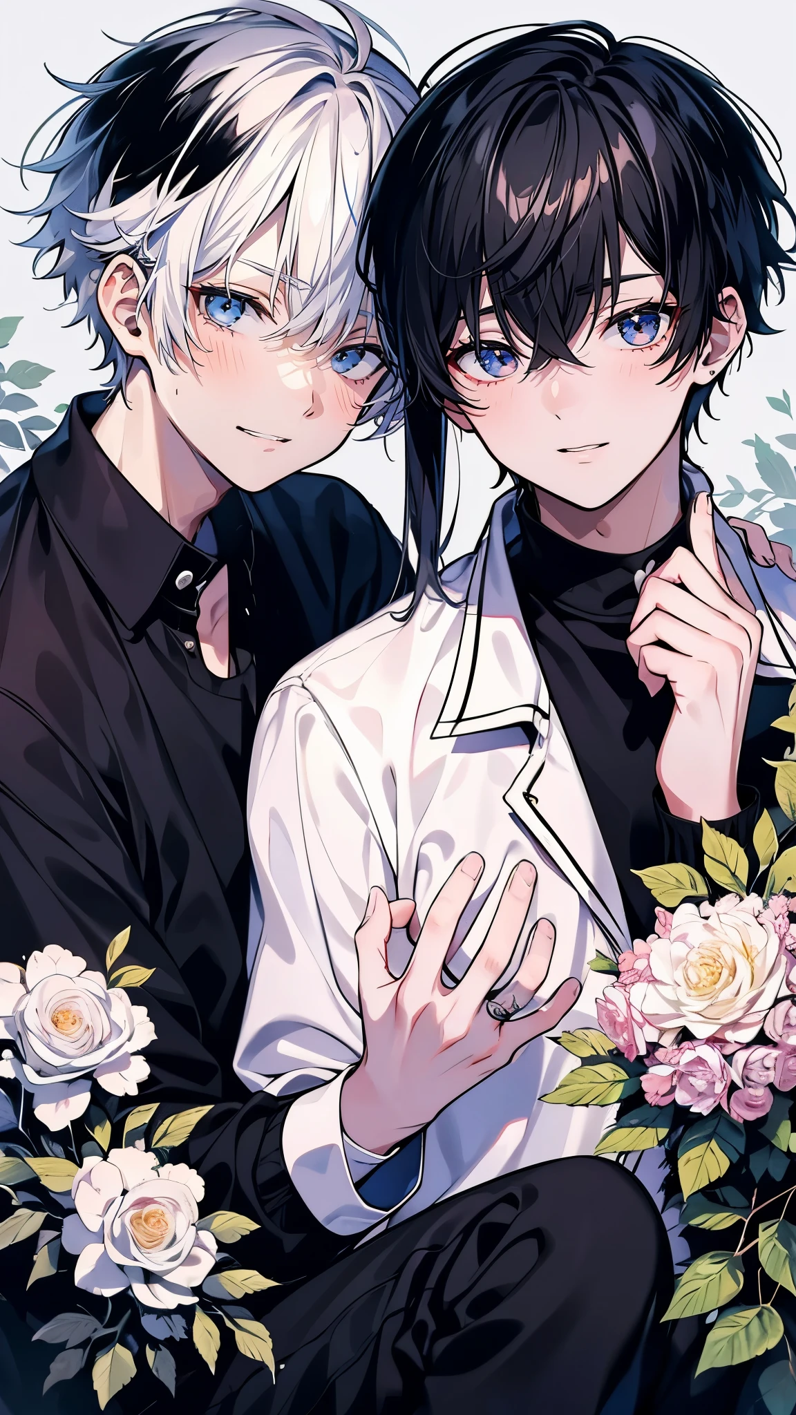very detailed, ((two friendly men)), perfect face, beautiful face, very detailed顔，(black haired man:1.3)，(white haired man:1.3)，ruffle shirt，smile，flower