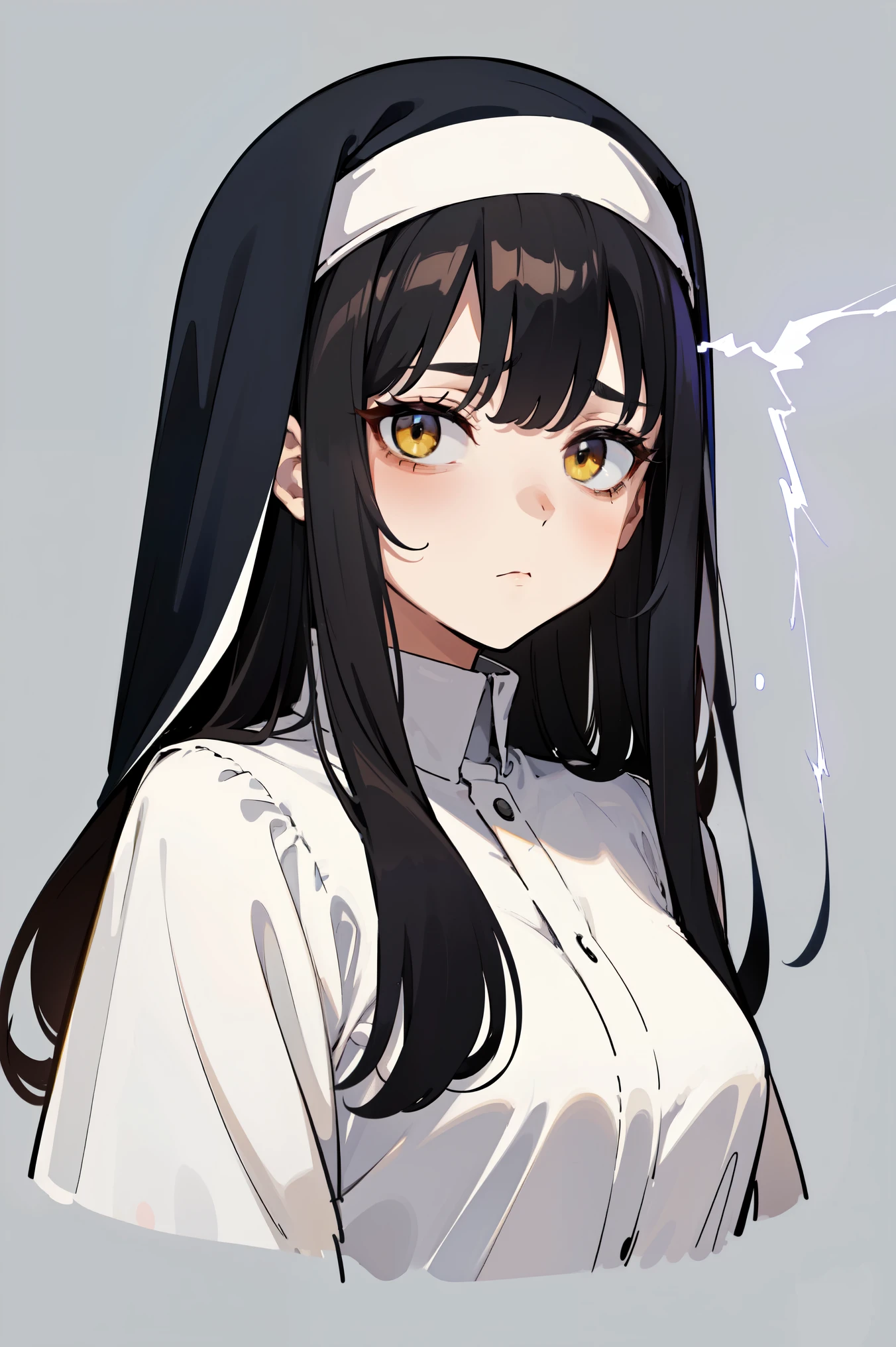 masterpiece, best quality, highres, 1girl, solo, portrait, a nun with long black hair, black hair, very long hair, yellow eyes, bags under eyes, small breasts, young girl, tired, sad, neutral, looking at viewer, serious, black dress, nun, headwear, upper body, isometric lightning, white background, simple background