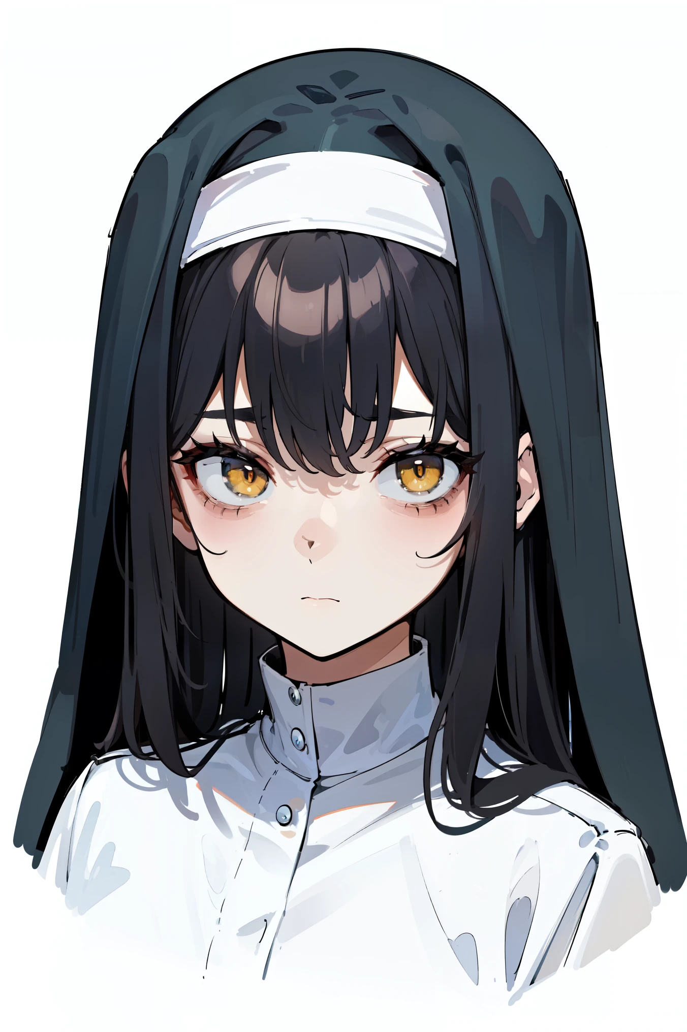 masterpiece, best quality, highres, 1girl, solo, portrait, a nun with long black hair, black hair, very long hair, yellow eyes, bags under eyes, small breasts, young girl, tired, sad, neutral, looking at viewer, serious, black dress, nun, headwear, upper body, isometric lightning, white background, simple background