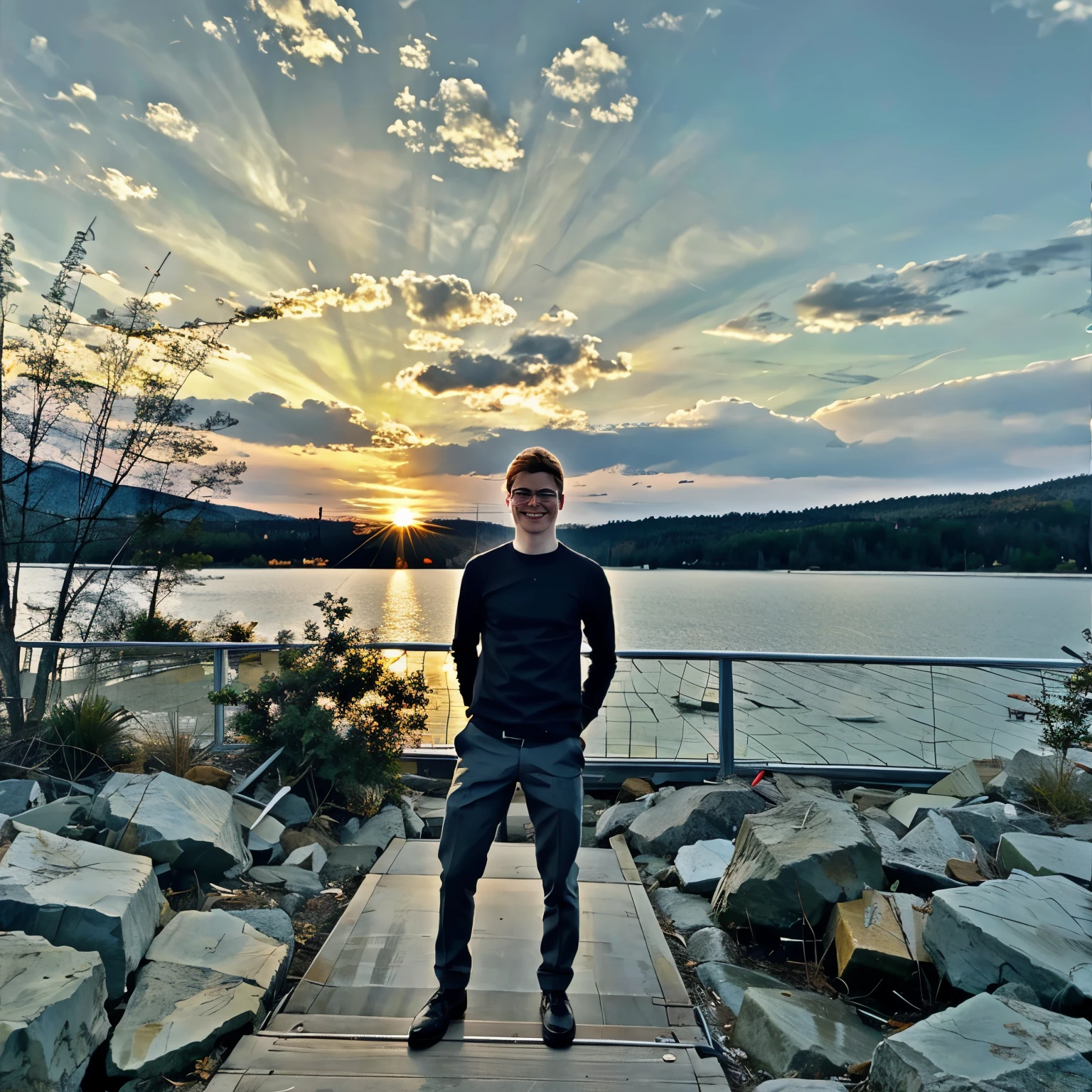 gleb, smiling at the sunset on the lake bridge