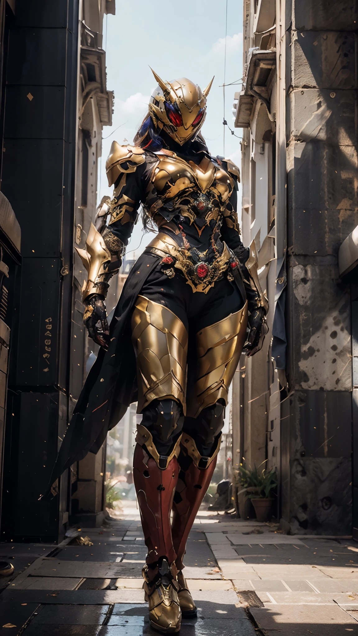 A woman adorned in fantasy-style full-body armor, a crown-concept fully enclosed helmet that unveils only her eyes, a composite layered chest plate, fully encompassing shoulder and hand guards, a lightweight waist armor, form-fitting shin guards, the overall design is heavy-duty yet flexible, ((the armor gleams with a golden glow, complemented by red and blue accents)), exhibiting a noble aura, she floats above a fantasy-surreal high-tech city, this character embodies a finely crafted fantasy-surreal style armored hero in anime style, exquisite and mature manga art style, (Queen bee mixed with Spider concept Armor), ((real woman, beautiful woman, photorealistic, elegant, goddess, femminine:1.5)), metallic, high definition, best quality, highres, ultra-detailed, ultra-fine painting, extremely delicate, professional, anatomically correct, symmetrical face, extremely detailed eyes and face, high quality eyes, creativity, RAW photo, UHD, 32k, Natural light, cinematic lighting, masterpiece-anatomy-perfect, masterpiece:1.5