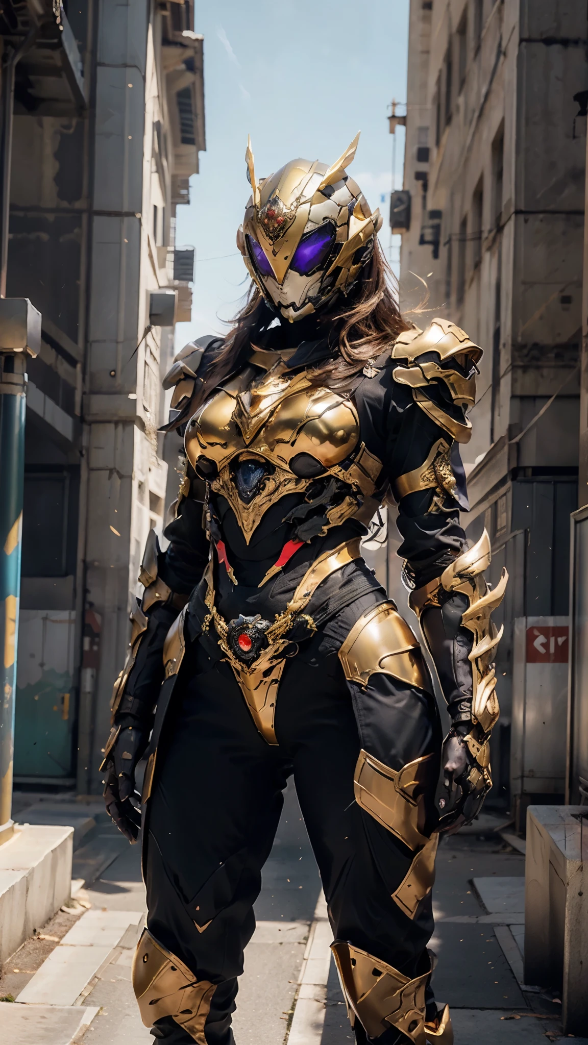 1girl,masterpiece,best quality,ultra-detailed,mecha musume,mechanical parts, robot joints,single mechanical arm, headgear, intricate mechanical bodysuit, full armor, city skyline, full helm, mask, ( white armor, gold trim, paladin, cape), glowing blue eyes <lora:A-Mecha-REN:1>