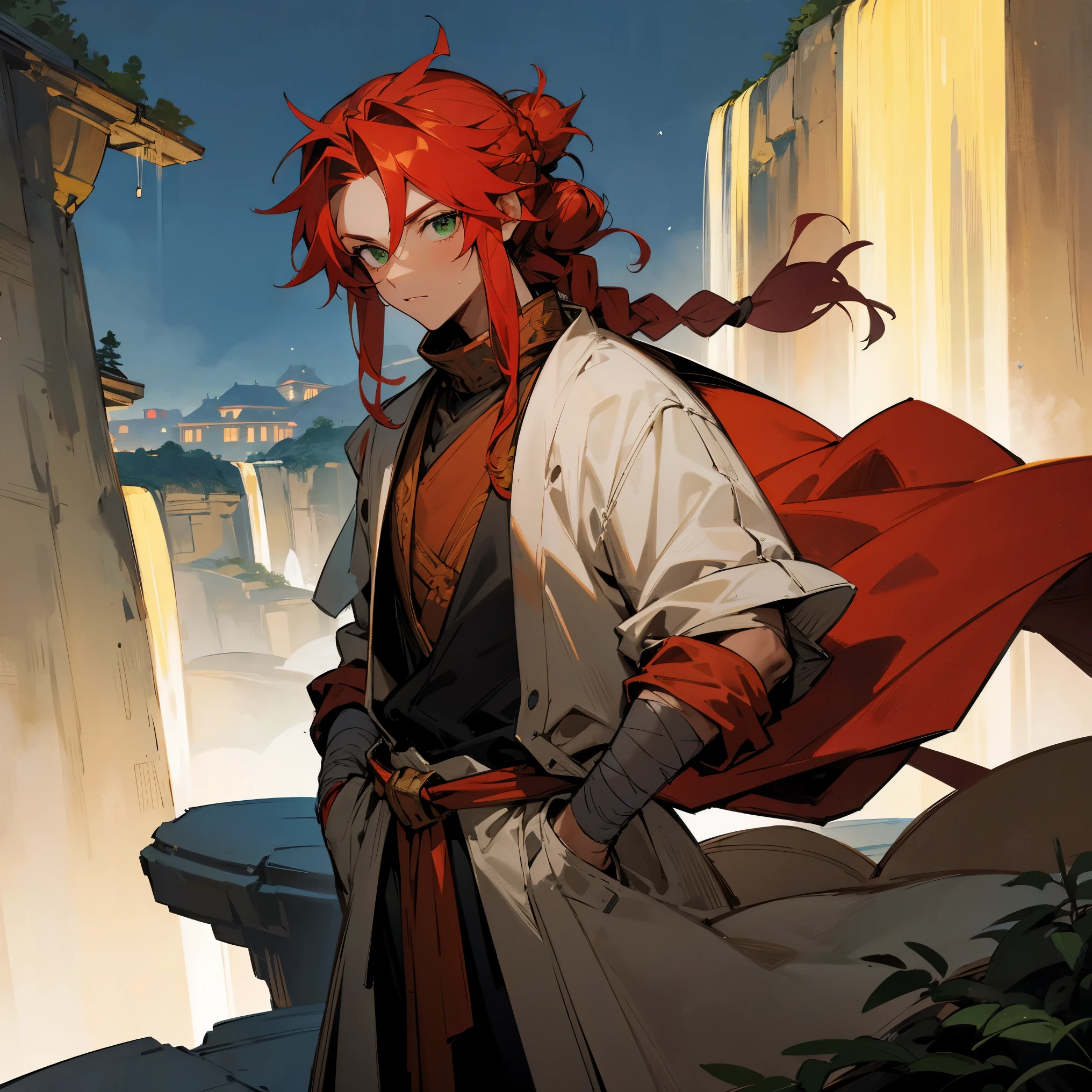 1male, adult, tan skin, finely detailed green eyes, long messy hair with braided bun, red hair color, adventurer clothing, bandages wrapped around arms, standing with hands in pocket, standing on open trail, waterfall, night, somber expression, muscular, village