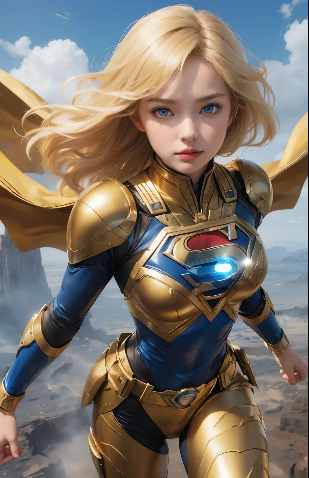 A blonde, blue-eyed woman is flying through the sky like Superman. The woman is wearing a golden metallic battle uniform. Around his waist is something reminiscent of Kamen Rider's transformation belt. Beautiful double eyes. The bridge of my nose. Well-shaped lips. Twenty years old.A desolate wasteland, similar to Mars, spreads out beneath our feet.