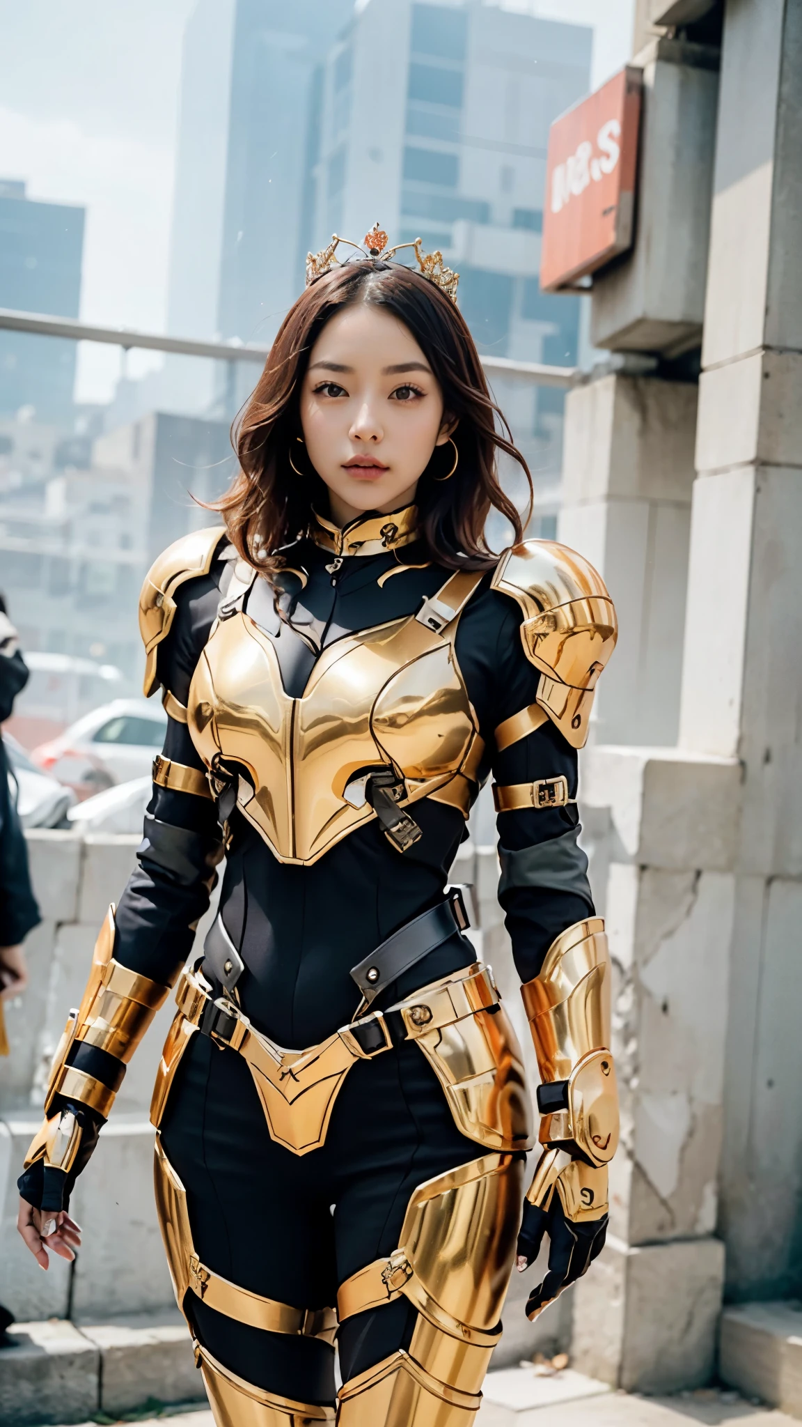 A woman adorned in fantasy-style full-body armor, a crown-concept fully enclosed helmet that unveils only her eyes, a composite layered chest plate, fully encompassing shoulder and hand guards, a lightweight waist armor, form-fitting shin guards, the overall design is heavy-duty yet flexible, ((the armor gleams with a golden glow, complemented by red and blue accents)), exhibiting a noble aura, she floats above a fantasy-surreal high-tech city, this character embodies a finely crafted fantasy-surreal style armored hero in anime style, exquisite and mature manga art style, (Queen bee mixed with Spider concept Armor), ((elegant, goddess, femminine:1.5)), metallic, high definition, best quality, highres, ultra-detailed, ultra-fine painting, extremely delicate, professional, anatomically correct, symmetrical face, extremely detailed eyes and face, high quality eyes, creativity, RAW photo, UHD, 32k, Natural light, cinematic lighting, masterpiece-anatomy-perfect, masterpiece:1.5