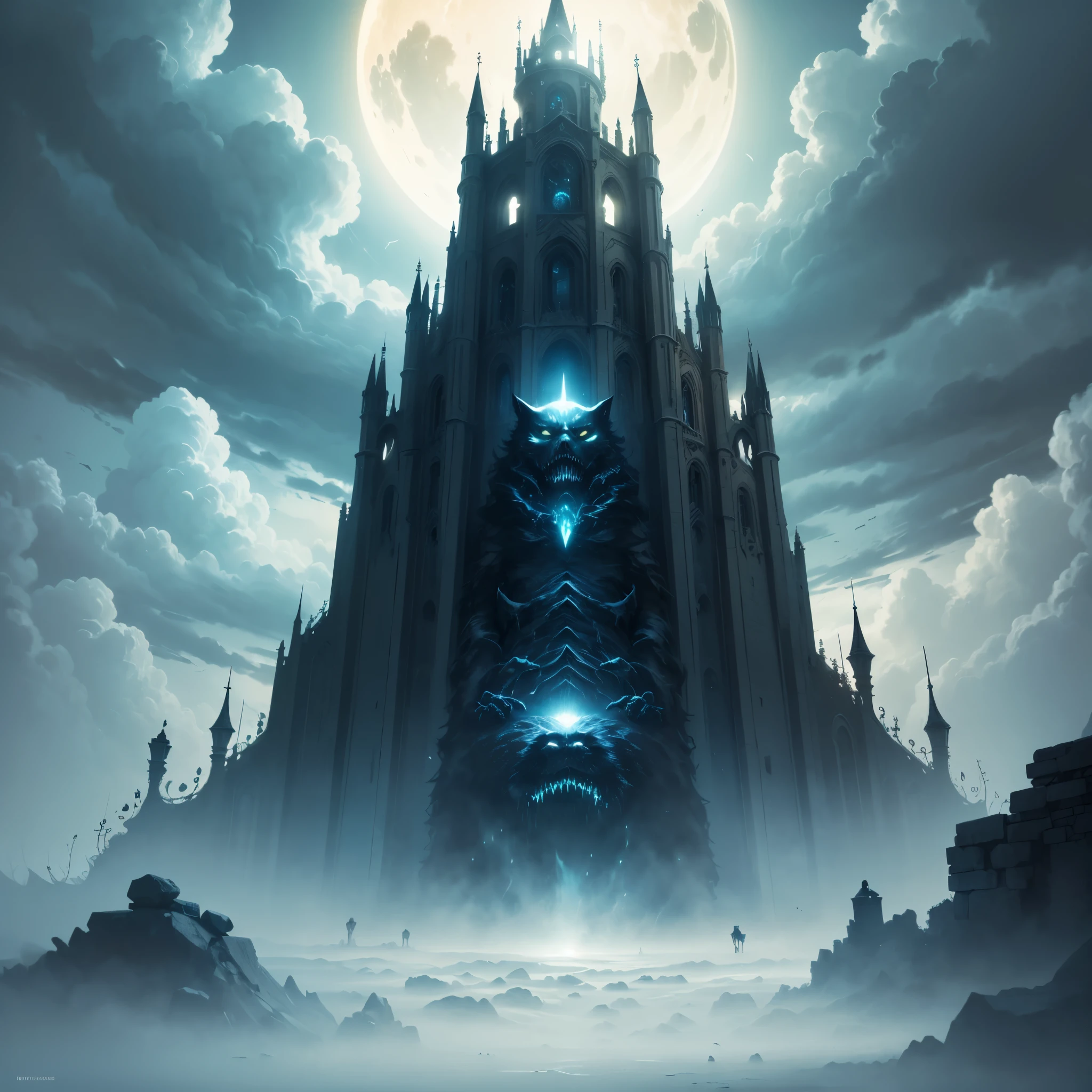 The fortress of dreams, brimming with creatures from mythology, stands surrounded by darkness and a silence so eerie it sends shivers down the spine. Here lies a realm where living beings and apparitions are arranged as denizens of another dimension. Both beasts and gods lurk ominously, emerging from the clouds that blanket the realm. With the sun's light vanished, darkness reigns perennially, casting its shadowy veil. The visage of the observing deities may resemble specters, calmly and ominously stirring in the gradually encroaching darkness. The structure of the fortress may be crafted from black stone or other dark materials, further enhancing the ambiance of darkness and engulfment. Everything conforms to a likeness akin to the haunting, dark dreamscape of the enigmatic and terrifying amidst the sweetness of what lies shrouded and termed "reality" in their realm. Viewed from the clouds of the divine, both failure and success are apparent, forming a vivid and conditional image in the darkness that gradually encroaches upon the fortress, teeming with the frightening creatures of mythology.