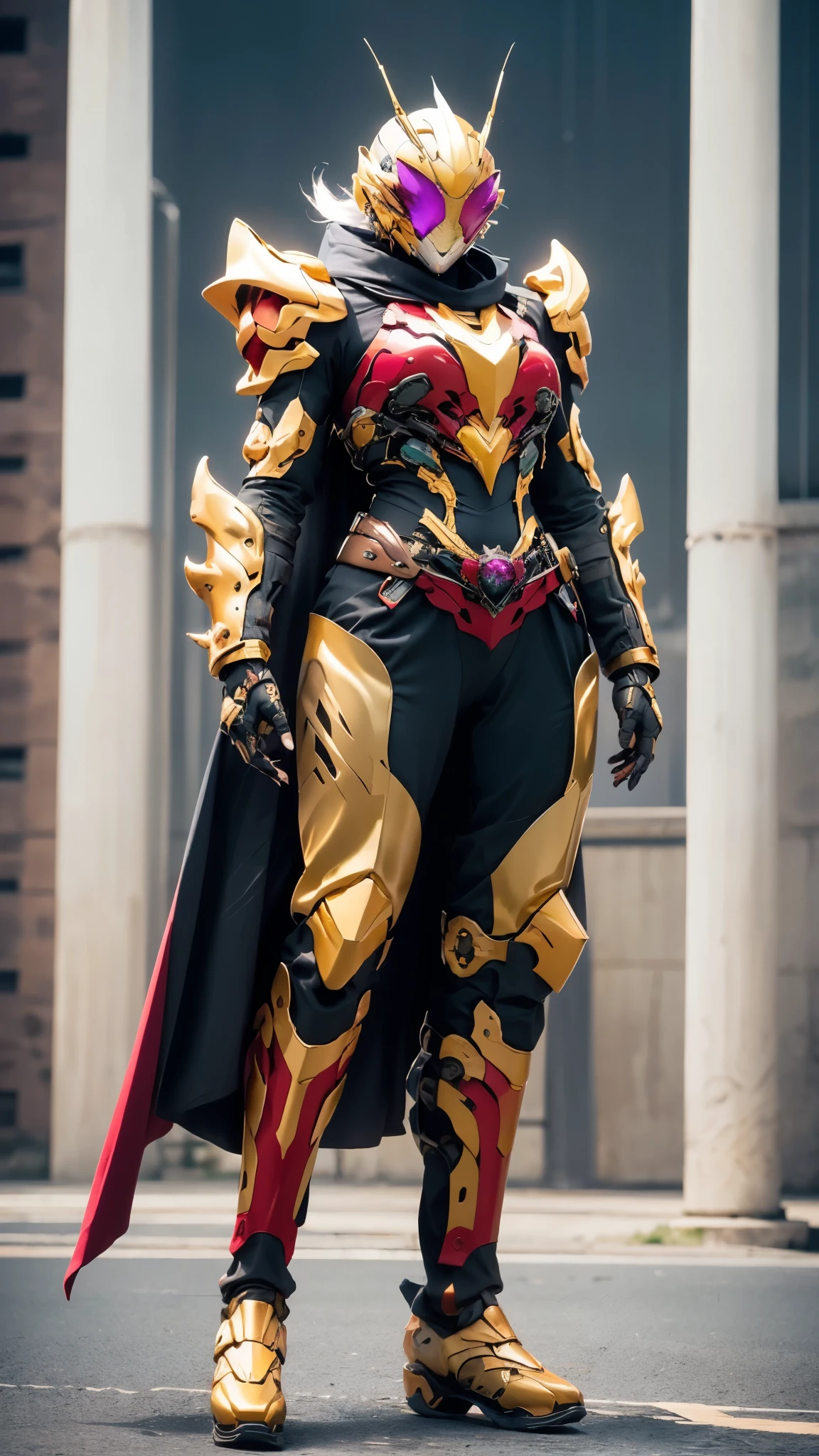 A woman adorned in fantasy-style full-body armor, a crown-concept fully enclosed helmet that unveils only her eyes, a composite layered chest plate, fully encompassing shoulder and hand guards, a lightweight waist armor, form-fitting shin guards, the overall design is heavy-duty yet flexible, ((the armor gleams with a golden glow, complemented by red and blue accents)), exhibiting a noble aura, she floats above a fantasy-surreal high-tech city, this character embodies a finely crafted fantasy-surreal style armored hero in anime style, exquisite and mature manga art style, (Queen bee mixed with Spider concept Armor), ((real woman, beautiful woman, photorealistic, elegant, goddess, femminine:1.5)), metallic, high definition, best quality, highres, ultra-detailed, ultra-fine painting, extremely delicate, professional, anatomically correct, symmetrical face, extremely detailed eyes and face, high quality eyes, creativity, RAW photo, UHD, 32k, Natural light, cinematic lighting, masterpiece-anatomy-perfect, masterpiece:1.5