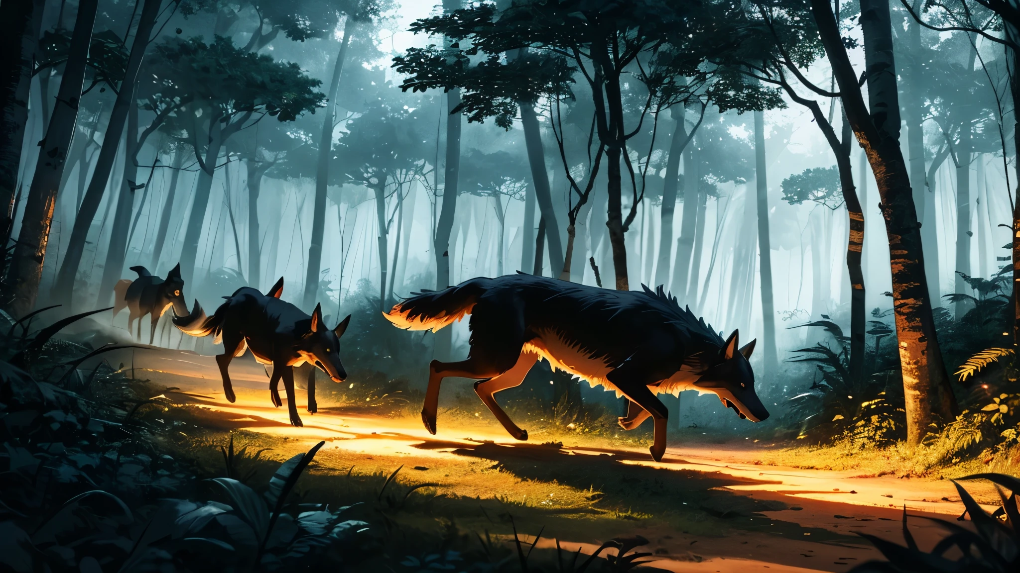 (masterpiece, best_quality, ultra-detailed, immaculate:1.3), landscape, hunting, chasing, dogs hunt, Javanese hunters dogs, (deep night forest:1.5), Dark ambiance, Japanese night forest landscape background