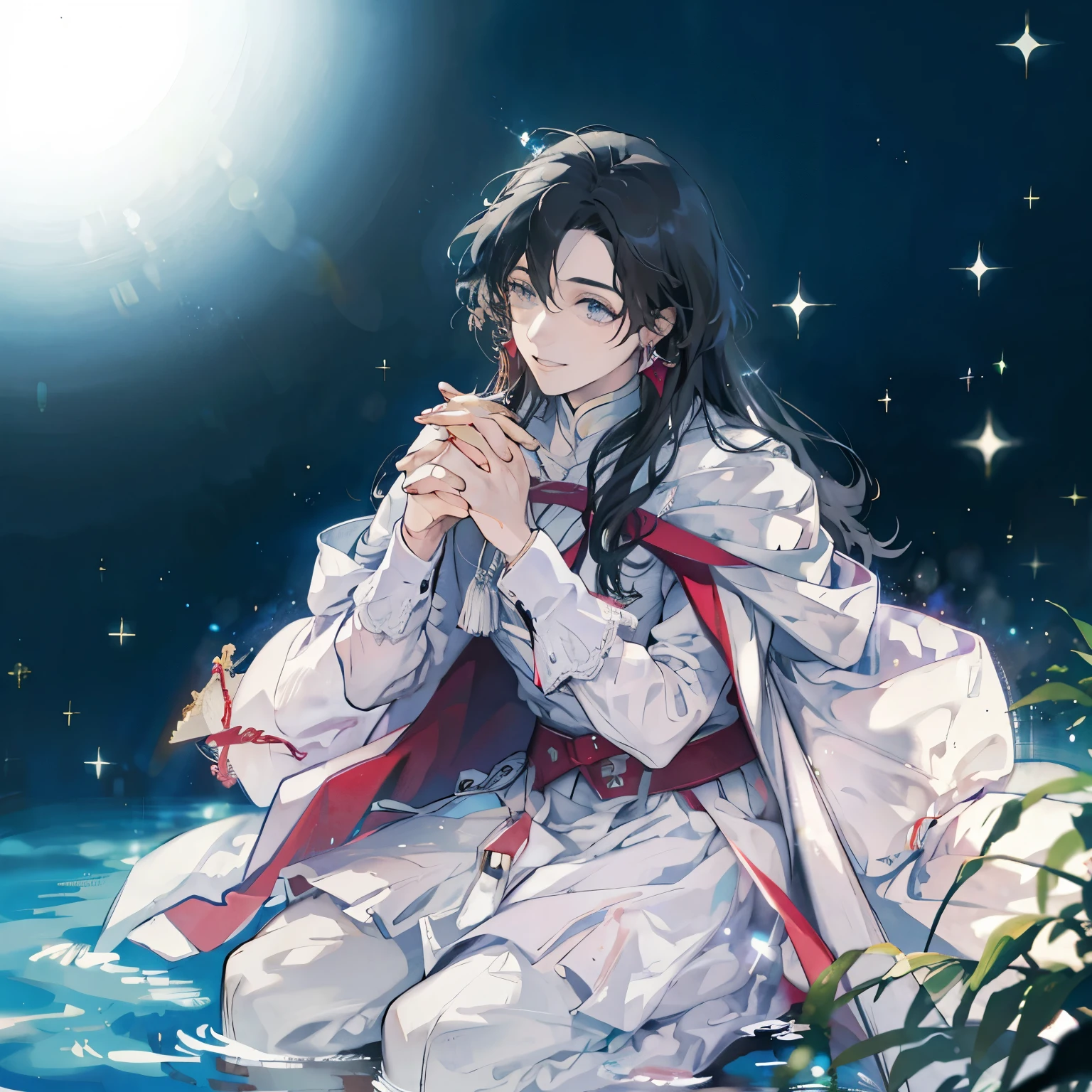 A man sits in a river with his lower body submerged in water.、man sitting in water、A face that looks like it's about to cry、Reach out to the light in search of salvation、Praying with hands together、man in his 30s、wizard、magic effect、