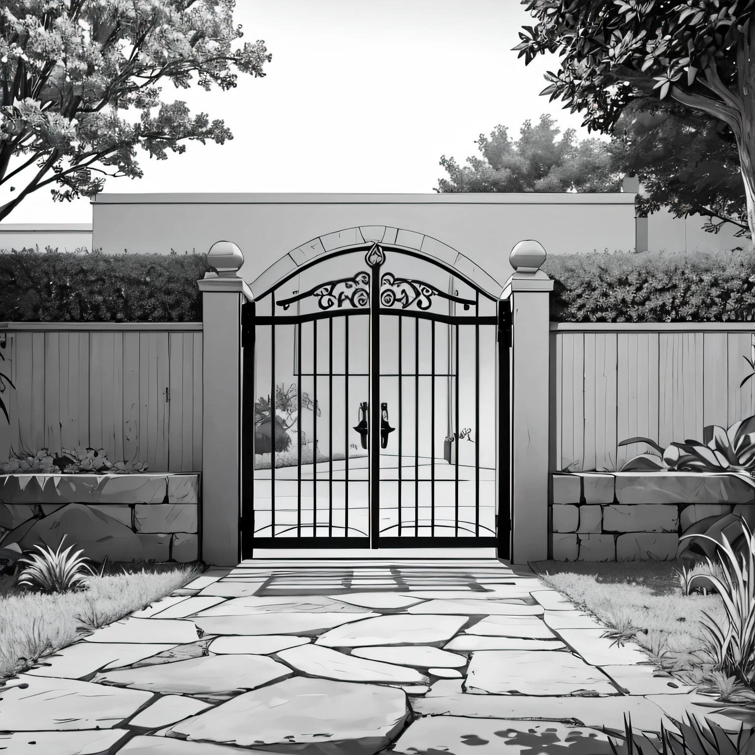 an open gate in the backyard, Desenho em preto e branco, estilo de livro para colorir