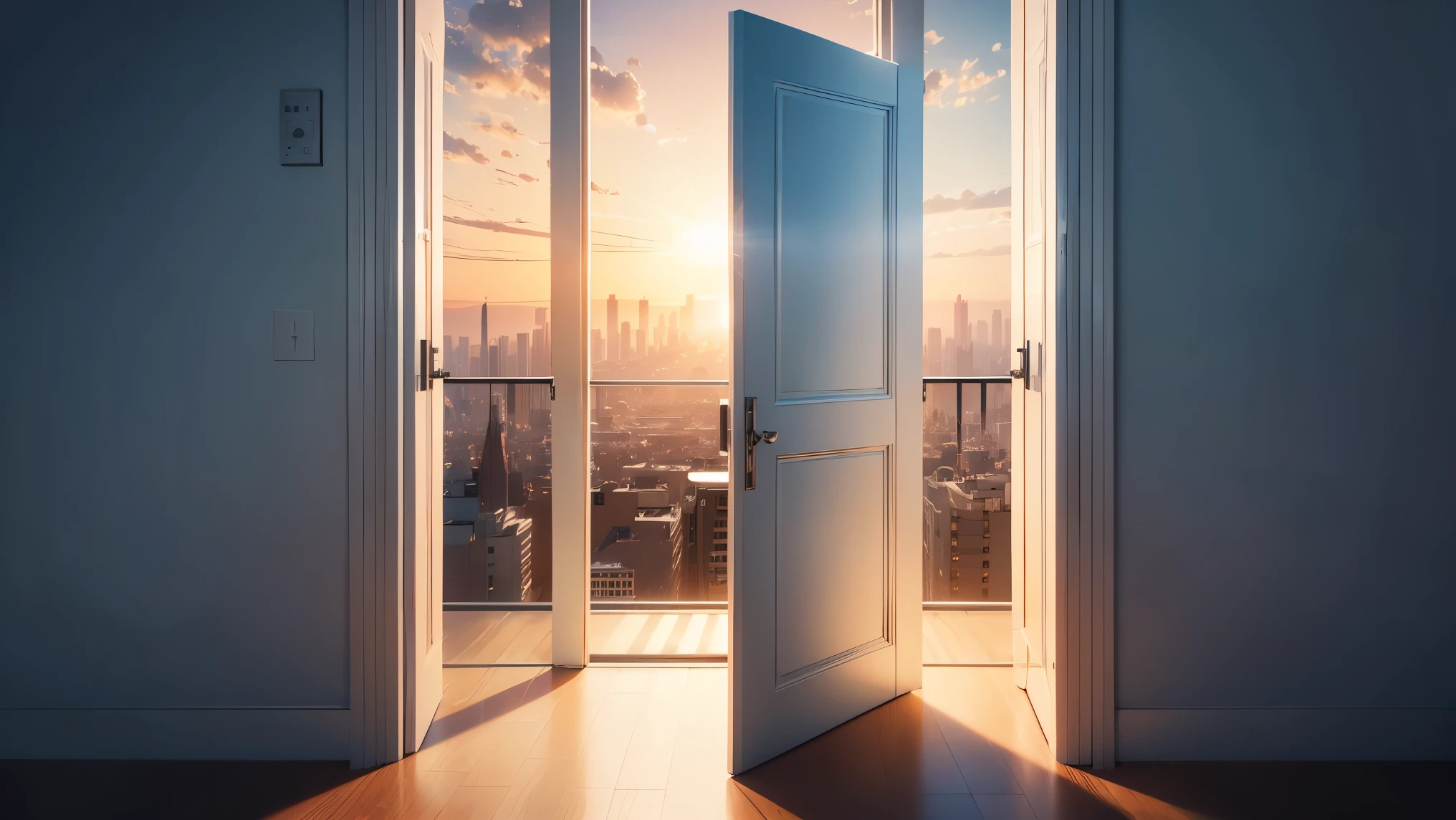 Background: A calming yet inspiring image of a clear blue sky with fluffy white clouds. Foreground: A large, modern doorway with a keyhole shape cut out in the center. The keyhole should be similar to the one in the logo, filled with the same light beam. Cityscape: Through the doorway, a view of a thriving cityscape bathed in the warm glow of the setting sun. This symbolizes the potential that is unlocked through pivotal insights.