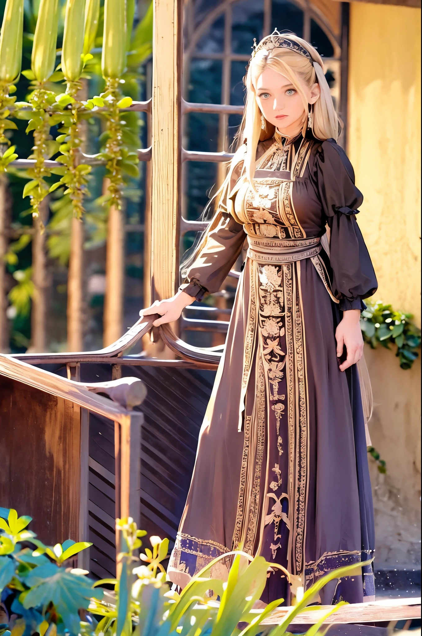 a close up of a woman in a dress standing in a field, beautiful costume, medieval dress. witch, black and violet costume, medieval princess, medieval garb, historical baroque dress, medieval wear, medieval clothes, georgian dress, medieval style, victorian style costume, long dress with apron, renaissance era clothing, victorian dress, renaissance colorful dress, fantasy style clothing