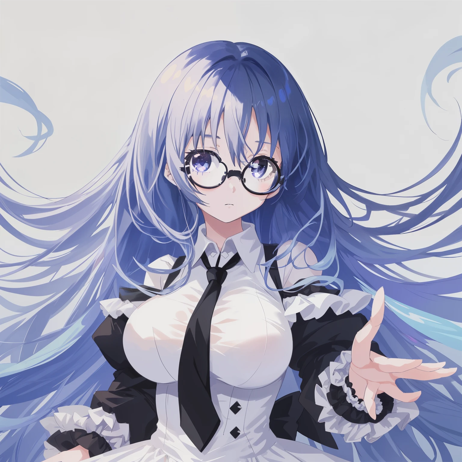 1girl, anime, white_eyes, sky_blue_long_hair, asymmetrical_bangs, standing, looking at the viewer, big_breasts, black_glasses, frilly_white_dress, loose_black_necktie