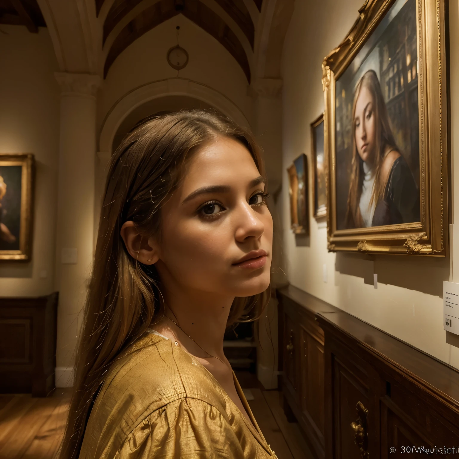 (best quality,4k,8k,highres,masterpiece:1.2),ultra-detailed,(realistic,photorealistic,photo-realistic:1.37),HDR,UHD,studio lighting,ultra-fine painting,sharp focus,physically-based rendering,extreme detail description,professional,vivid colors,bokeh,portrait,portrait painting,brightly lit room,large oil paintings,historical masterpieces,beautifully curated,artistic atmosphere,warm color tones,honey-colored eyes,long blonde hair,feminine beauty,elegant dress,30-year-old Latina woman,admiring the artwork,attentive expression,captivated by the paintings,visiting a beautiful museum,detailing the brushstrokes,impressive level of detail,immersive experience,artistic inspiration,wandering through the exhibition,hushed conversations,artistic appreciation,depth of emotions,serene atmosphere,capturing the essence of art,transcendental experience,soothing ambiance,serendipitous encounter with creativity,absorbing the cultural heritage,personal reflection,unique perspective,unforgettable memories,traces of admiration,insightful interpretation of art,honoring artistic traditions,celebrating creativity and talent,artistic masterpieces come to life in the museum.