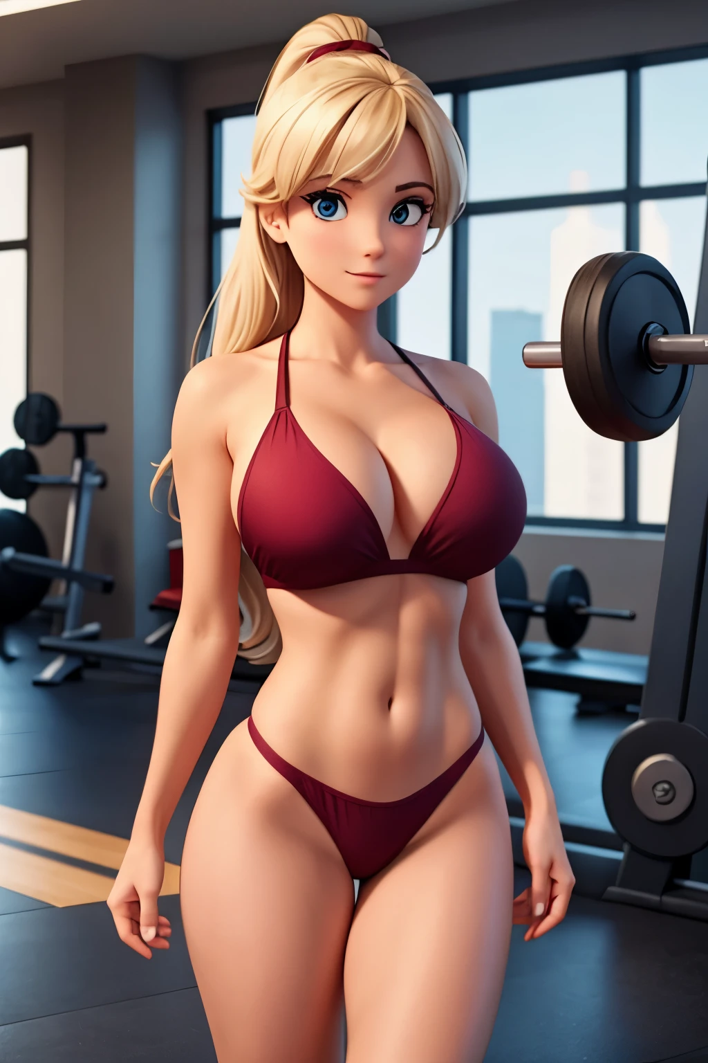 A sexy girl, she has the most giant breasts in the world, she's at the gym, wearing a little burgundy bikini and a dark blue Nike shirt