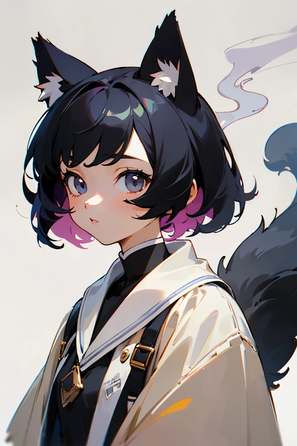 (masterpiece, highest quality, highest quality, official art, beautiful and aesthetic:1.2), 1 girl, black hair, Cat ear, Black cat,beautiful girl,mini character,mascot,2head and body,chibi character,purple,Tobacco