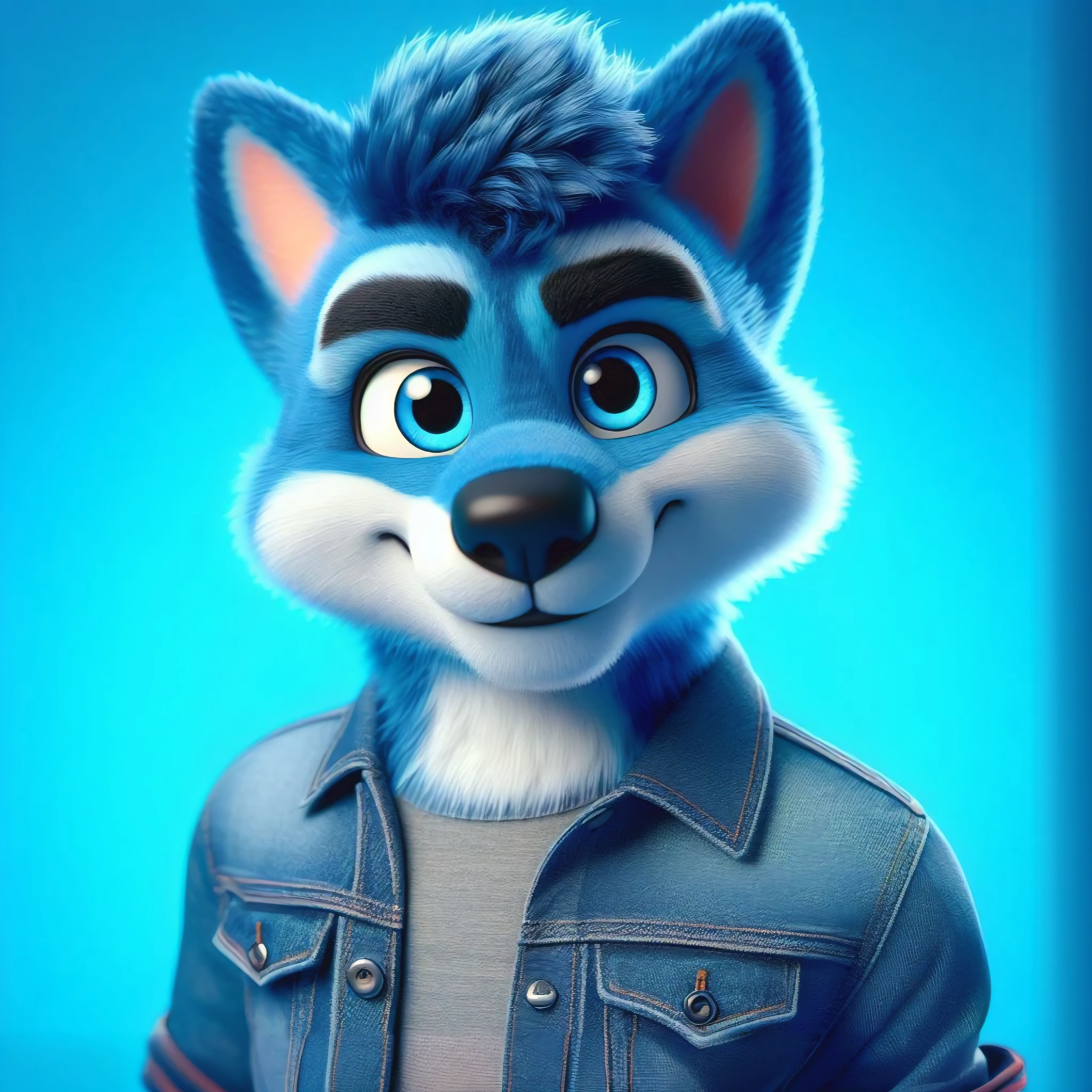 Make an image of a Disney Pixar style cartoon fantasy cute blue wolf, full body a blue background, blue denim jacket, Disney studio, big blue eyes, beautiful image, cartoon, 3D style,
High detail. blue background, Disney studio, ultra resolution, 16k