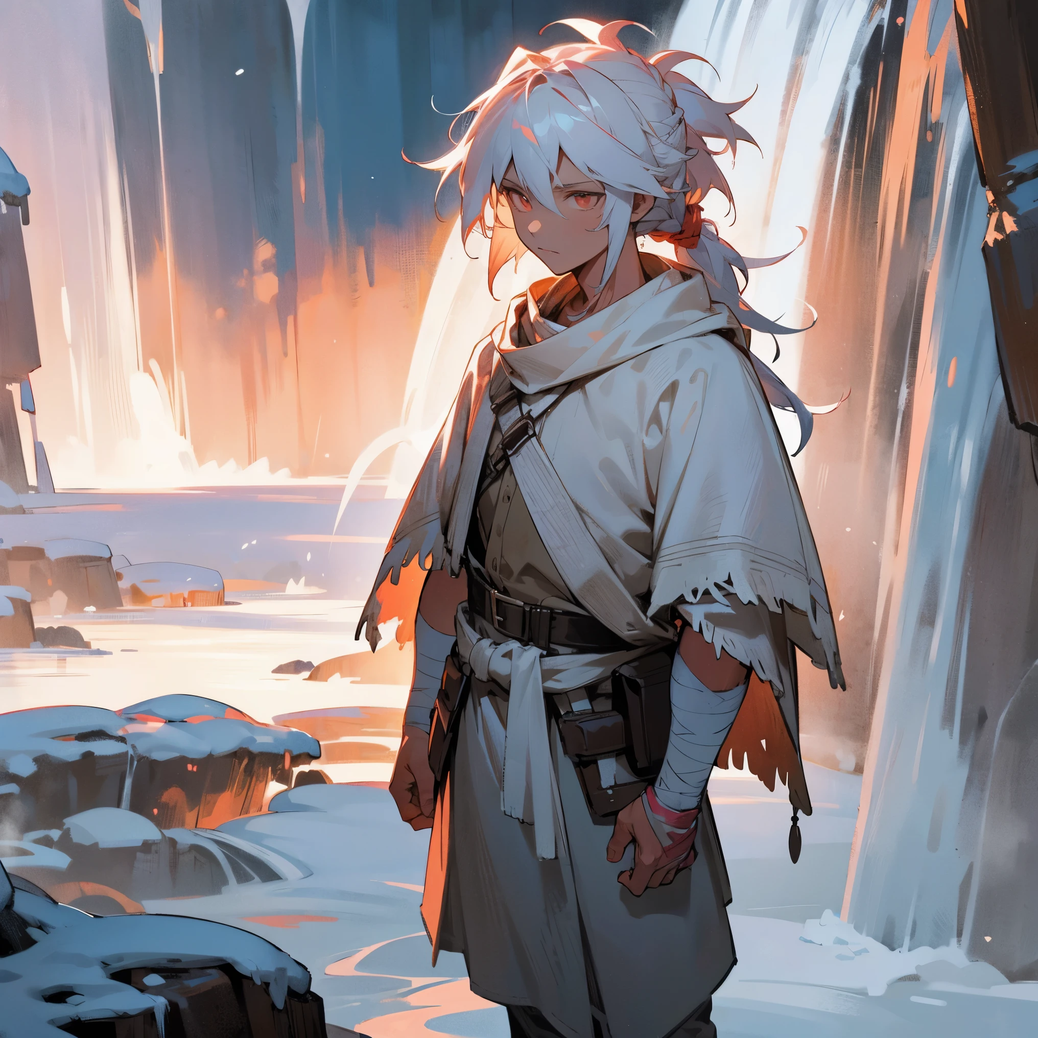 1male,  adult, tan skin, finely detailed glowing coral eyes, long messy hair with braided ponytail, white hair color, adventurer clothing, poor clothing, poncho, bandages wrapped around arms, bandolier across chest, standing with hands in pocket, standing on snowy trail, waterfall, night, somber expression, muscular 