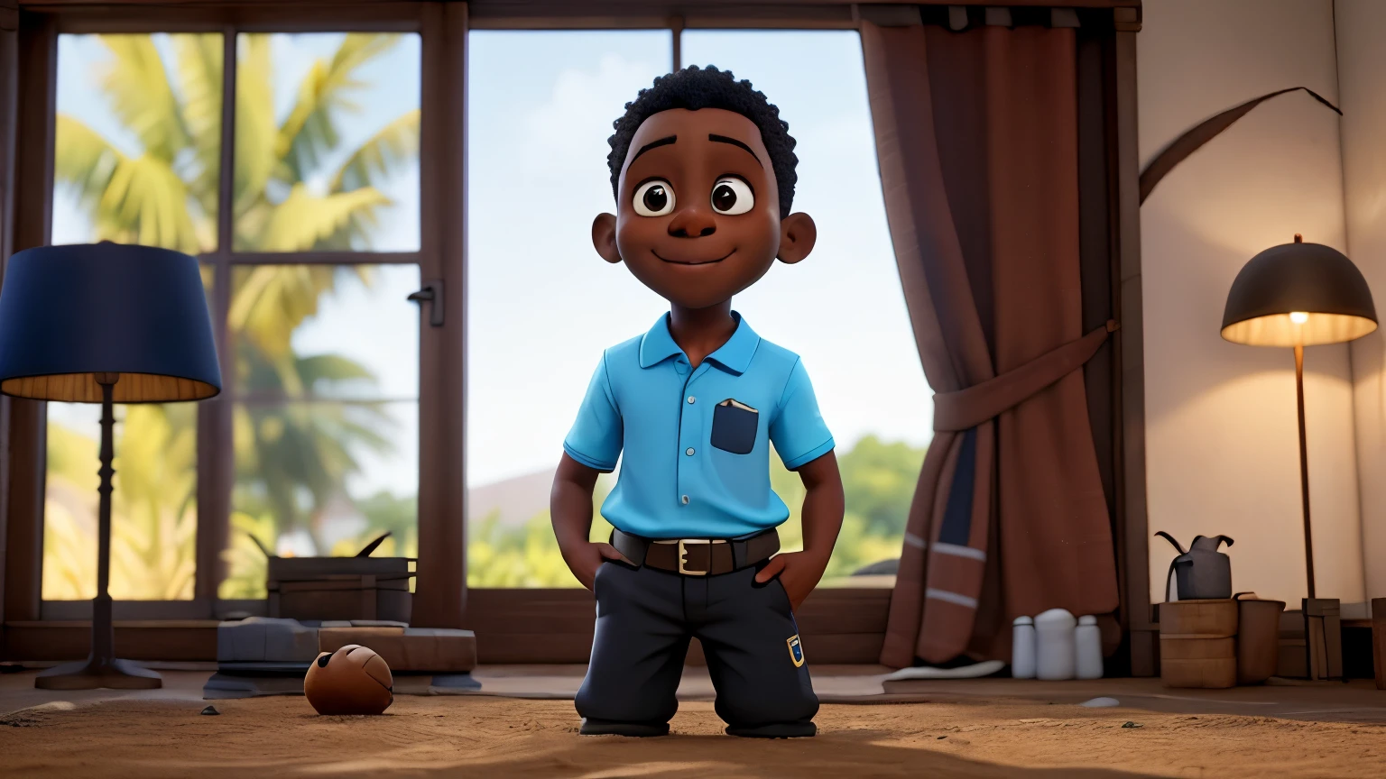 um minino angolano de 10 anos, pele escura, vestindo camisa polo, estilo amime.