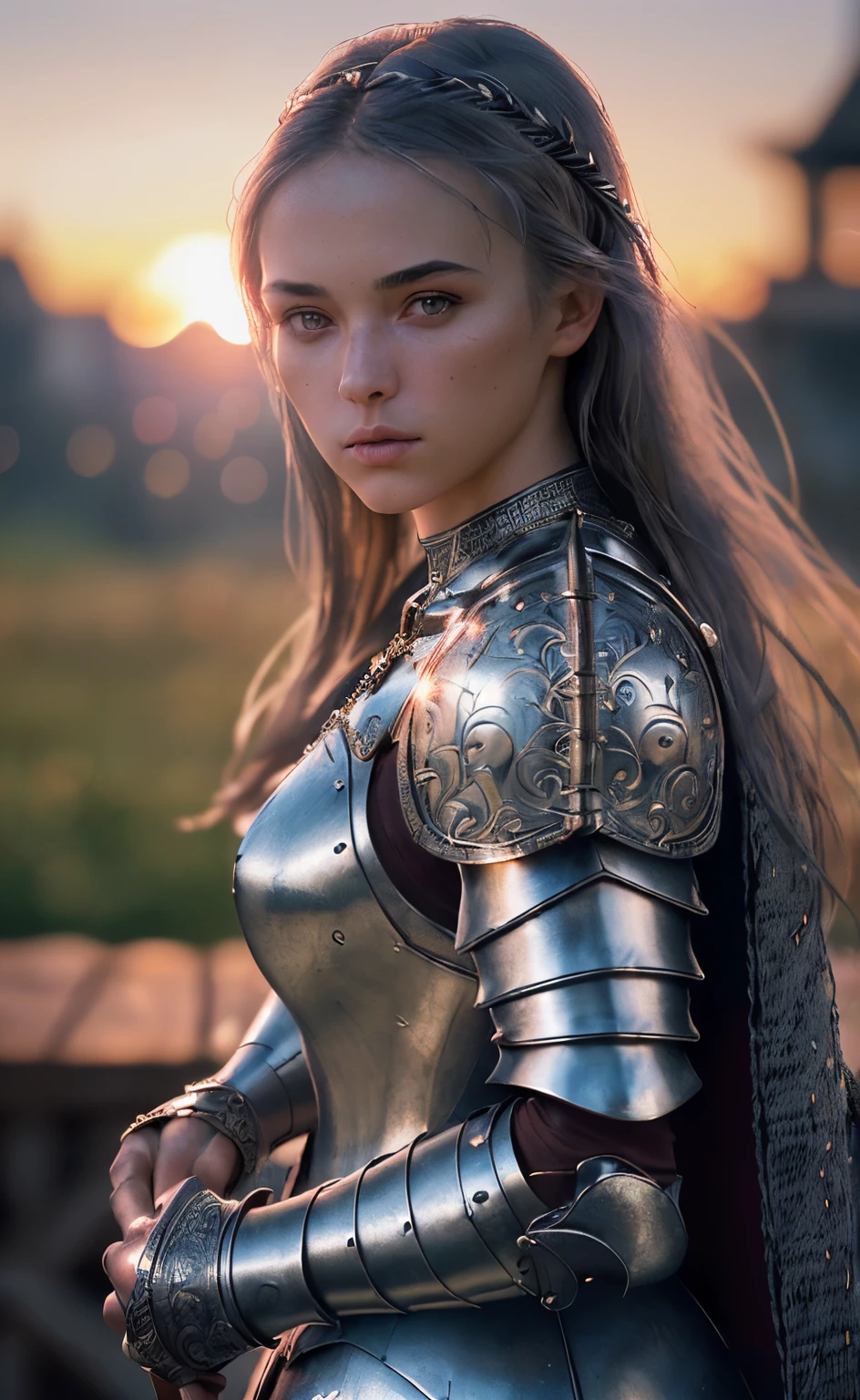 (masterpiece), (extremely intricate:1.3), (realistic), portrait of a girl, the most beautiful in the world, (medieval armor), metal reflections, upper body, outdoors, intense sunlight, far away castle, professional photograph of a stunning woman detailed, sharp focus, dramatic, award winning, cinematic lighting, octane render unreal engine, volumetrics dtx, (film grain, blurry background, blurry foreground, bokeh, depth of field, sunset, motion blur:1.3), chainmail