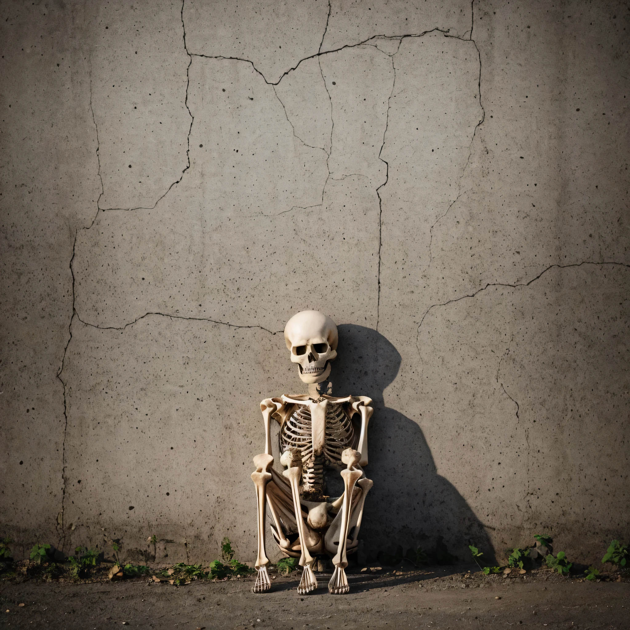 A skeleton sits  against the wall,with black bangraound