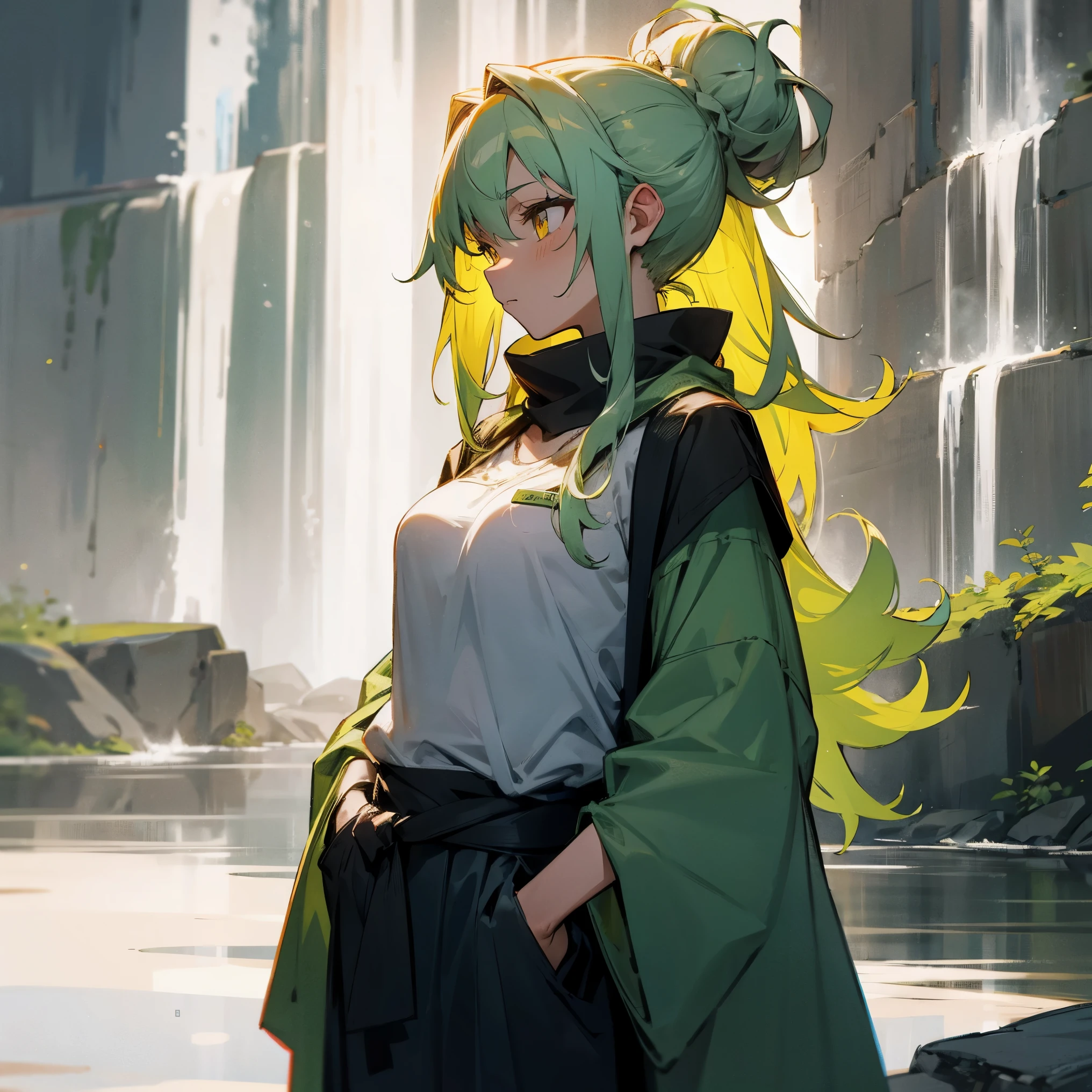 1female, adult, big breast, tan skin, finely detailed yellow eyes, long curly hair with messy bun, pale green hair color, loose yukata, standing with hands in pocket, standing on open trail, waterfall, night, somber expression, muscular, village