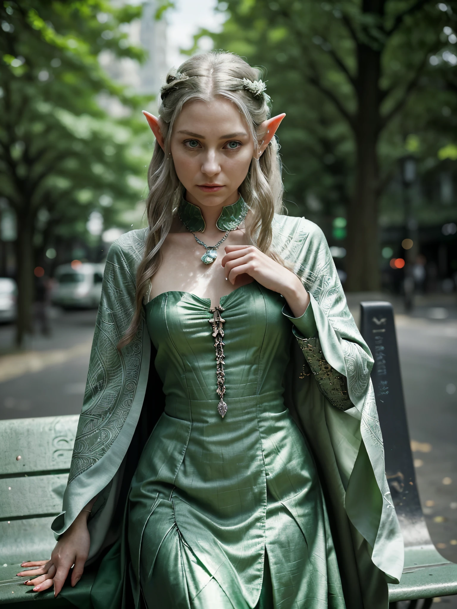 Compose a scene where a realistic elf is waiting at the bus stop. Describe her as she observes the movement around her, revealing details about her appearance, attire, and behavior. Consider how she interacts with other passengers, if there's anything peculiar about her presence, and how she adapts to the urban environment while still maintaining traces of her elven nature. Include specifics about her attire, such as the intricate leaf patterns woven into her cloak, the delicate silver jewelry adorning her pointed ears, and the ethereal glow emanating from her emerald-green eyes. Capture the contrast between her timeless elegance and the bustling modernity of the cityscape surrounding her.