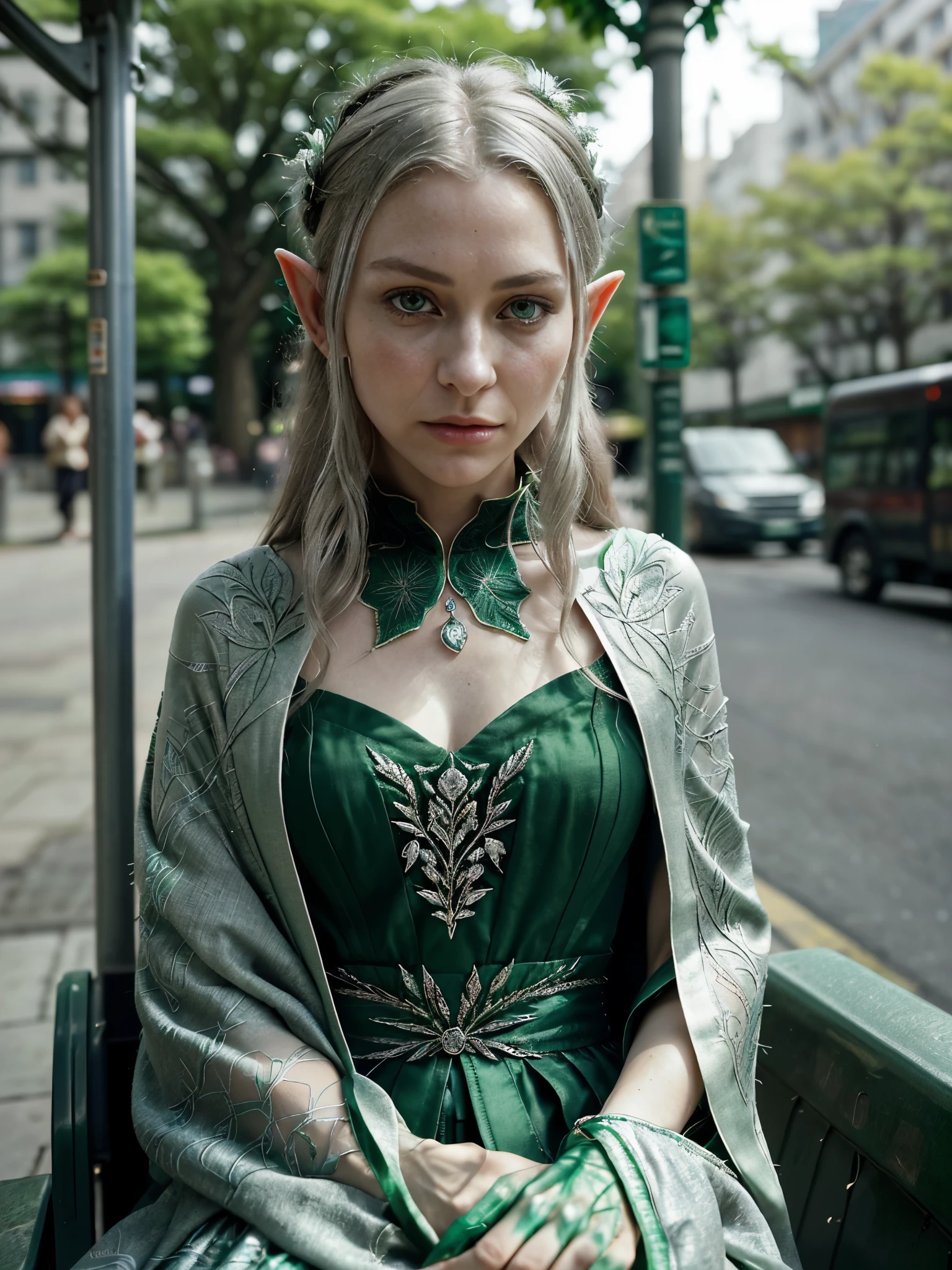 Compose a scene where a realistic elf is waiting at the bus stop. Describe her as she observes the movement around her, revealing details about her appearance, attire, and behavior. Consider how she interacts with other passengers, if there's anything peculiar about her presence, and how she adapts to the urban environment while still maintaining traces of her elven nature. Include specifics about her attire, such as the intricate leaf patterns woven into her cloak, the delicate silver jewelry adorning her pointed ears, and the ethereal glow emanating from her emerald-green eyes. Capture the contrast between her timeless elegance and the bustling modernity of the cityscape surrounding her.