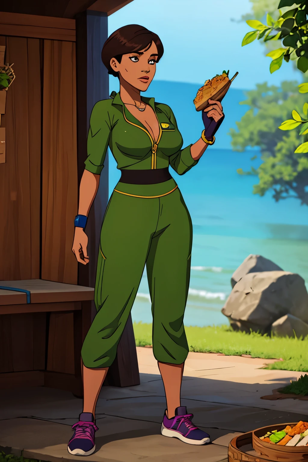 Nome da Personagem: NutriGuardian, the fearless nutritionist who transcends the boundaries of her profession to become the global guardian of healthy eating. Com um cabelo curto estilo pixie, which reflects your practicality and determination, NutriGuardian personifica a fusão entre a ciência nutricional e o poder de uma verdadeira heroína.
Traje de NutriGuardian para a Ilustração:
Corpo: should not highlight curves or breasts, a personagem nao pode ser sexualizada.
Cabelo: A modern and practical pixie cut, evidenciando a praticidade da personagem.
Pode ser representado em tons naturais, denoting authenticity and connection with nature.
Traje: A comfortable and loose jumpsuit, made from lightweight, breathable materials, representing a commitment to convenience during your missions.
Cores vibrantes de verde, amarelo e vermelho, representing the diversity of healthy foods.
Leaf and grain details on the costume, indicating its connection to the food source.
Accessories: Um cinto de utilidades nutricionais, carregando ferramentas como a "Nutritional Information Flashlight" e pequenos livros de receitas.
protective gloves, simbolizando a dedicação de NutriGuardian em cuidar da saúde das pessoas.
shoes:
Durable sneakers, indicating your readiness for action and constant movement around the world.
Symbols of Power: A healthy heart-shaped brooch, representing the love of nutrition and health. Bracelets with nutritional symbols, mostrando seu compromisso em disseminar conhecimento.
Positioning in the Illustration:
NutriGuardian deve ser representada em uma pose dinâmica, pronta para enfrentar desafios. His determined gaze and confident expression reflect his passion for his mission to combat malnutrition and poor eating habits. Comfortable attire highlights your commitment not just to the health of others