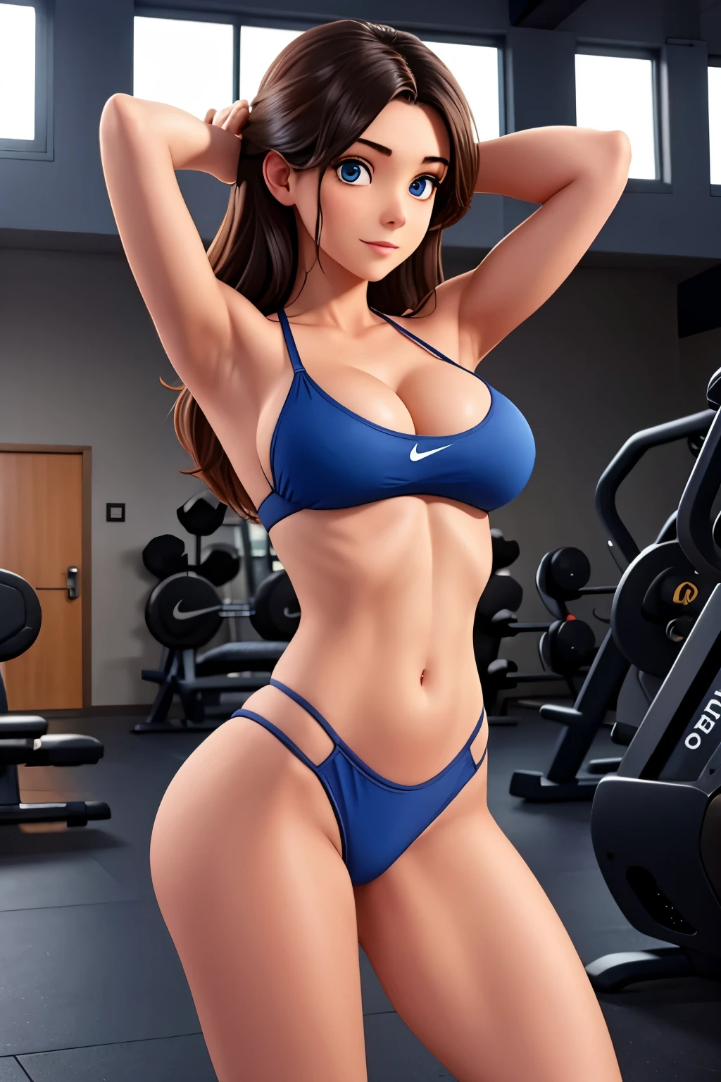 A sexy girl, she has the most giant breasts in the world, she's at the gym, wearing a little dark blue bikini and a dark blue Nike shirt
