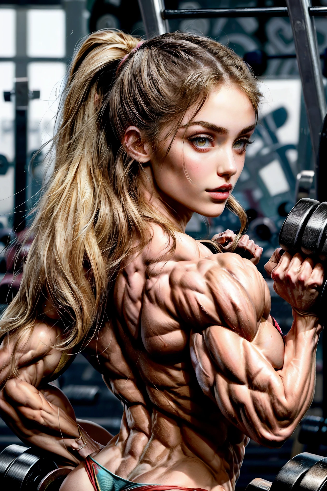 (2 girls body builders:1.6), ((masterpiece)), best quality, ultra-detailed:1.7, finely detail, high resolution:1.6, perfect dynamic composition, beautiful detailed faces:1.77, blonde babes:1.88, perfect red lipstick, perfect makeup:1.8, short denim bikini , large breasts:1.4, lovely look:1.7, gorgeous face:1.6, defined muscles:1.4, beautiful faces:1.8, alessandra ambrossio, izabel goulart, Kate Upton, Gigi Hadid, candice swanpoel ,popped out dense veins on muscles:1.8, hyper detailed picture:1.4, 8k resolution: 1.7, flex muscles:1.3, hyper muscular body shape:1.42, photorealistic:1.5, realistic:1.6, face masterpiece:1.74, good and professional lighting on picture:1.38, Ukrainian-Turkish muscle beauty goddess, masterpiece 22 years old Ariana Grande and Yael Shelbia as bodybuilders, extremely high resolution, hyper feminine beauty , hyper realistic texture, hyper muscularity, hyper vascularity, ass of titanium, muscles of steel, ripped body shape, ripped sexy ass with bikini, muscular ass , topless, kissing, good face details, hyper face detailing, doing sex, super romantic moment, hyper romantic, romantic kiss, nude females, perfect symmetrical face, sexy french kiss with tongues, serious muscle posing, serious female bodybuilders, super muscular breasts, perfect exaggerated feminine physique