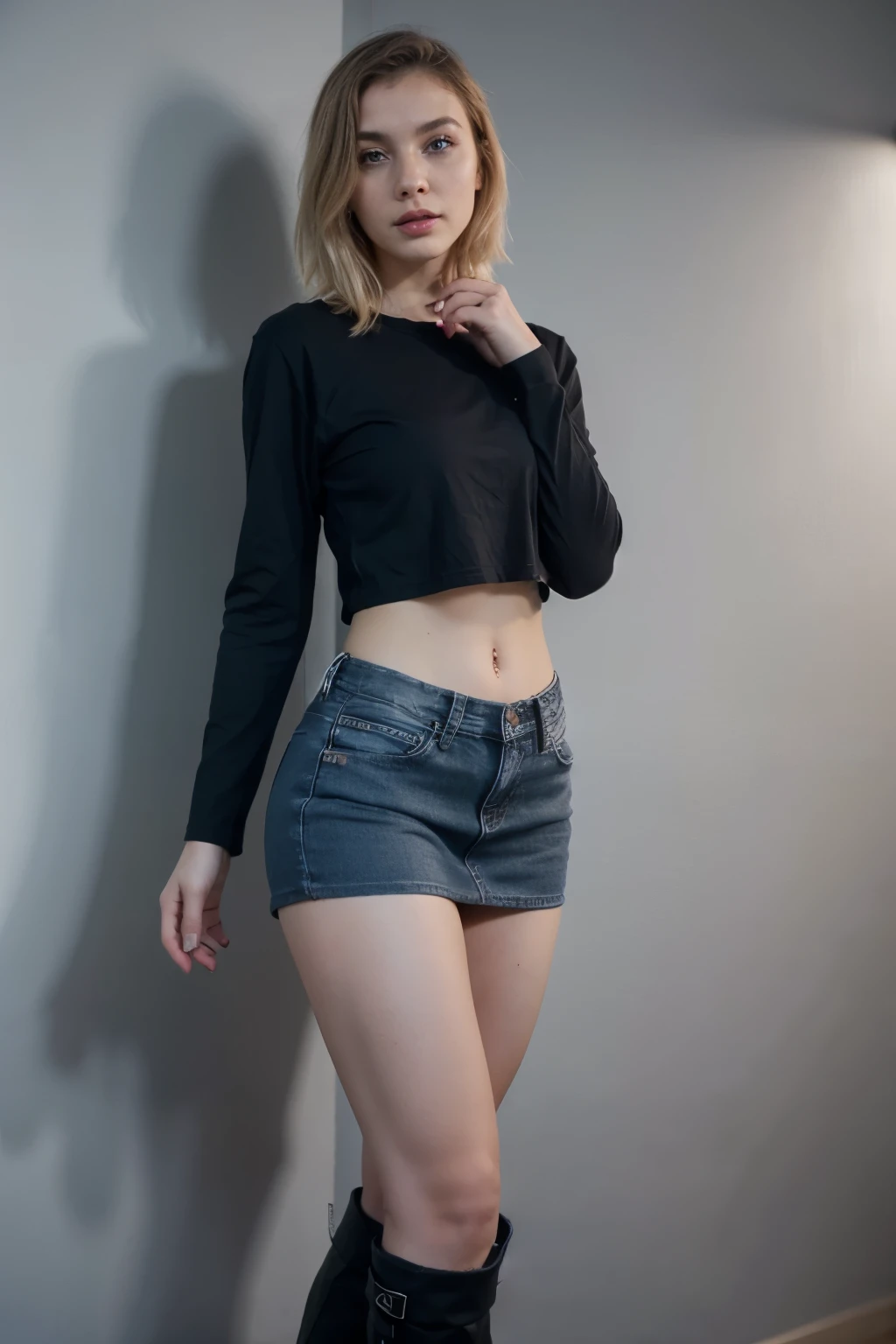 Android number 18 short straight blonde hair short plain blue denim miniskirt long black boots blue denim vest, tight black t-shirt with white long sleeves with black lines body fitness 3D 2D 4j