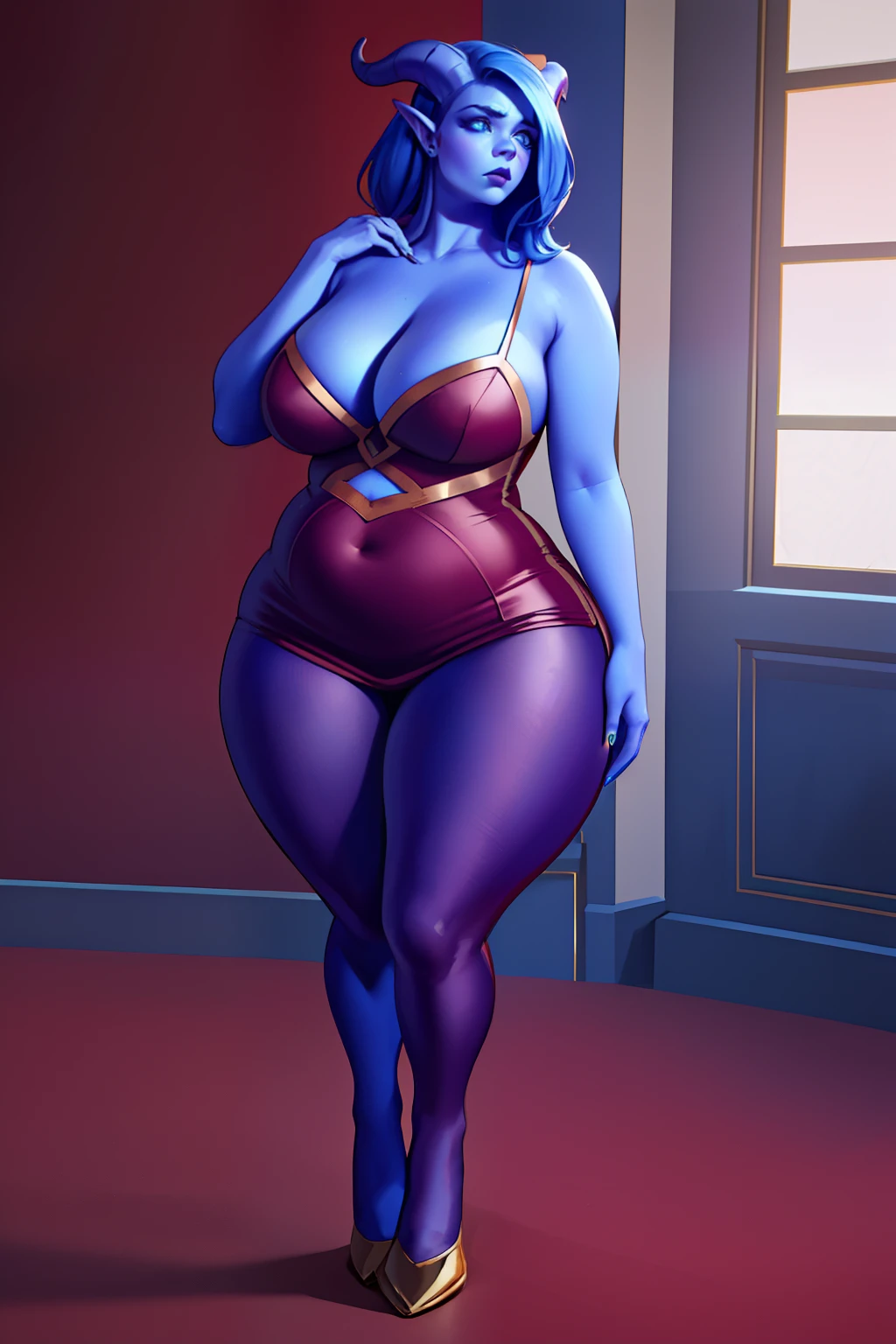 masterpiece, (photorealistic), (8k) , (best quality), perfect quality, solo, (detailed eyes:0.9), tiefling girl, blue skin, and matching blue hair in a luxurious room, looking directly to the belly, shy, sad, crying, tearfully showcasing a shy expression and a hint of sadness, wearing a sophisticated drees, chubby, belly, bimp, fat, overweight, big belly, bulging belly, shy, exposed belly, ripped dress, tight dress, with horns emerging from her head, hand-drawn, volumetric, ultra beautiful, dramatic lighting, very young, face : (very young, European, thin face, eating muffin, pleasure, very beautiful face, young). figure : (very full figure, curvy, chubby belly, very chubby, bbw, plus size, fat rolls, fed up, big deep navel, very soft, big breasts, sexy, sexy pose, fat thighs). clothes: (tight red dress, ripped on side dress, ripped red tights ).