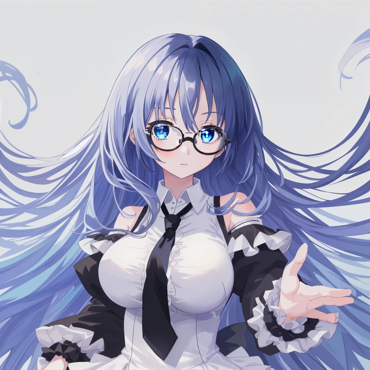1girl, anime, blue_eyes, sky_blue_long_hair, asymmetrical_bangs, standing, looking at the viewer, big_breasts, black_glasses, frilly_white_dress, loose_black_necktie