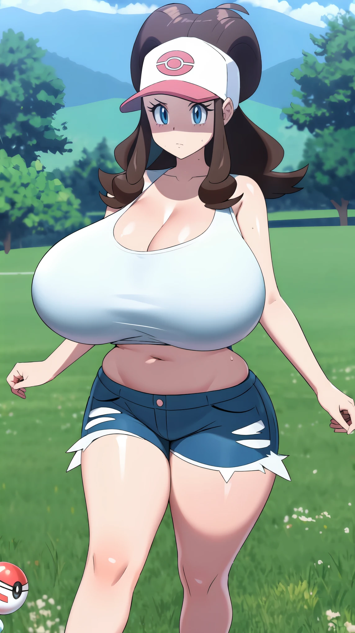 Grass fields, Pokémon, 1 girl, Hilda, gigantic breasts, wide hips, plump, walking, sweating, brown hair , detailed, high quality, oppai ratio, jean shorts, tight white top, Pokémon, poke ball on waistband 