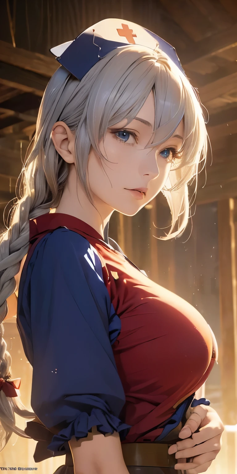 (masterpiece, best quality:1.3), Yagokoro Eirin, Touhou Series, perfect face, expressive eyes, 1woman, looking at viewer, 38 years old, gorgeous body, big breast, beautiful, anime, lora,1woman, silver hair, braid hair, nurse cap, red and blue clothes, (cinematic lighting, realistic, dream-like, enchanting atmosphere:1.5),