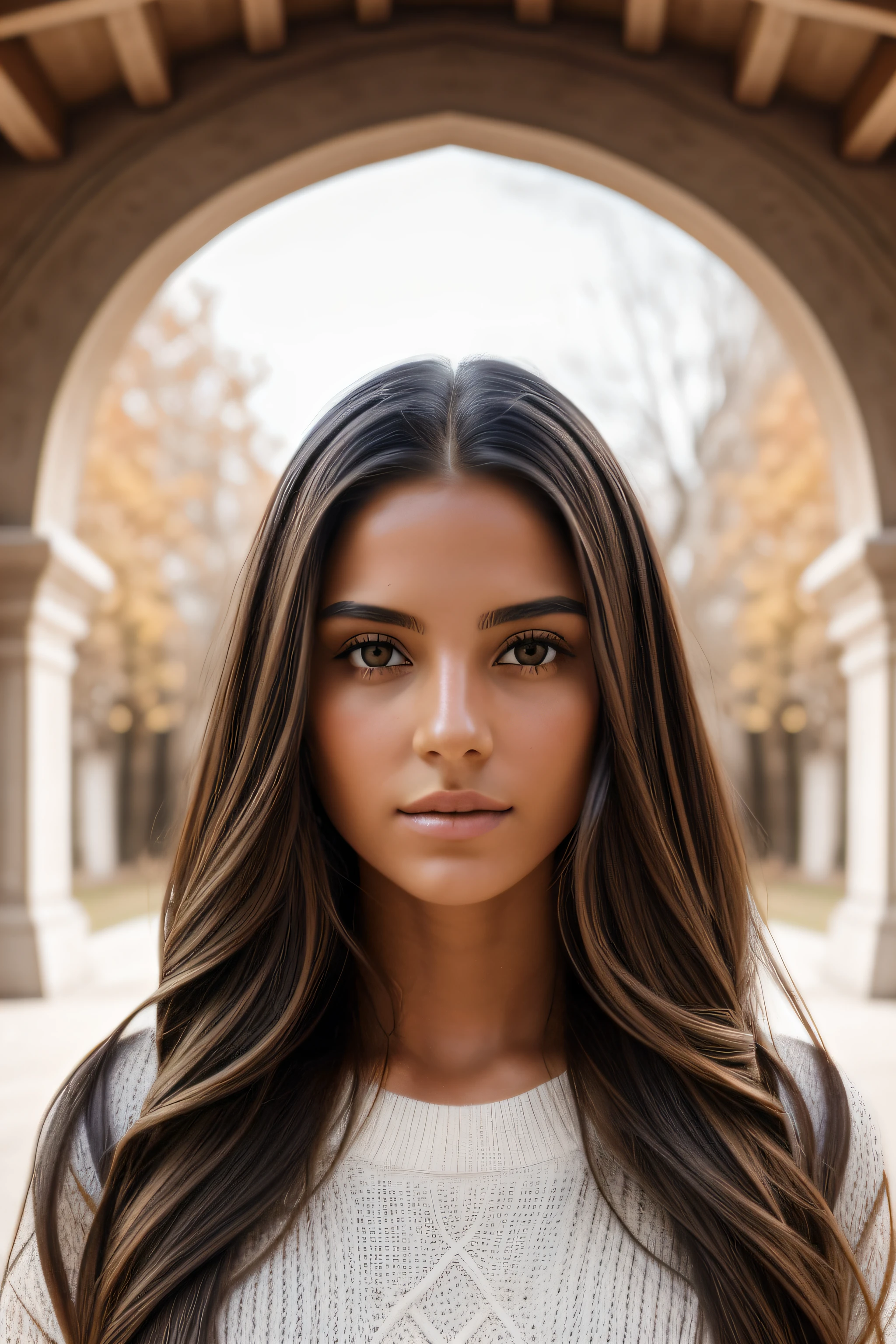 Fotografia de uma linda garota, wearing a white autumn sweater, cabelo comprido de um lado, busto pesado 36DD, look to the camera, symmetrical eyes, symmetrical face, fotorrealista, fotografia, Layout do caminho, specular lighting, volumetric face light, Caminho do cabelo, Visible shadows, complexo, elaborar, latina