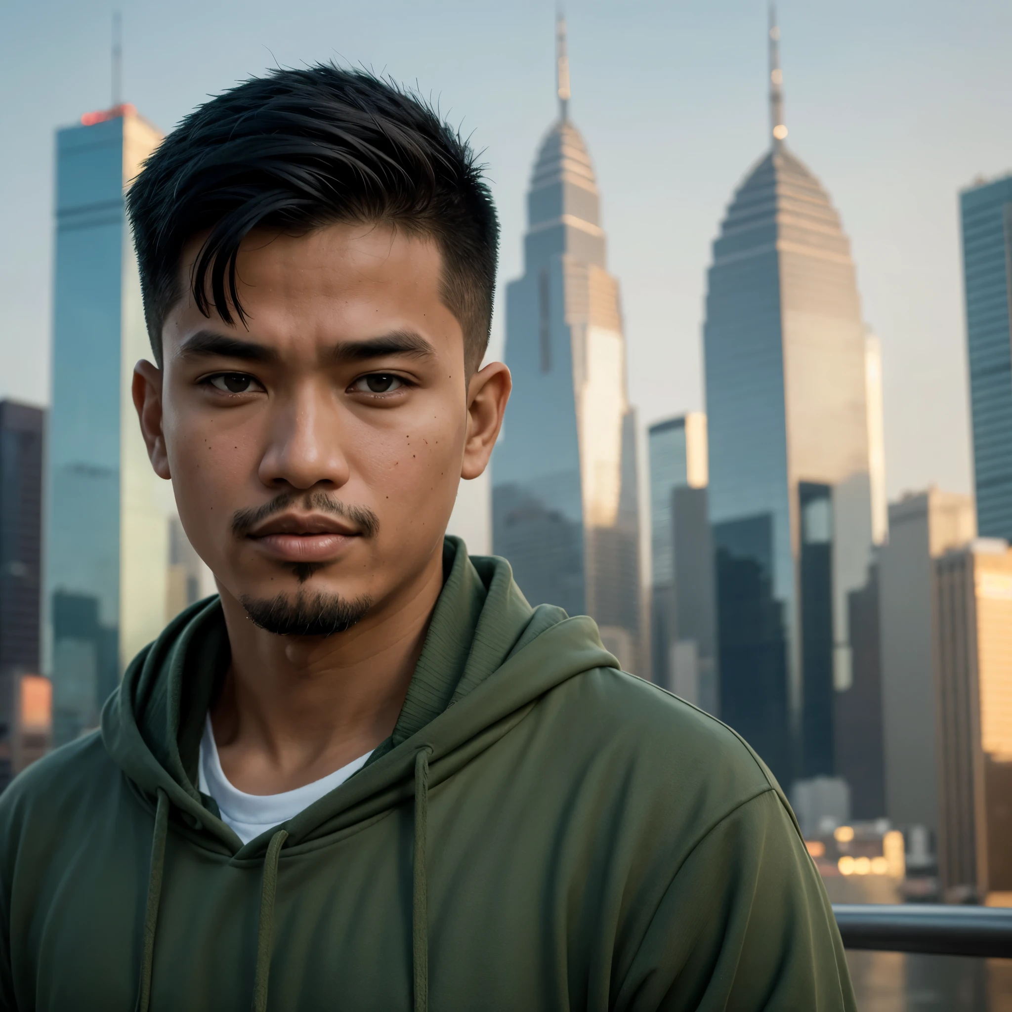 Cinematic Portrait: 1.3, Masterpiece, Indonesian Man, Short Hair, Sage Green Hoodie, Peace Fingers Above Head, Twin Towers Backdrop, Bokeh Background, Professional Photography, Flat Face, Looking at Camera
Masterpiece: 1.3, Realistic Portrait, Indonesian Man, Well-defined Jawline, Short Hair, Wearing Sage Green Hoodie, Peace Fingers above Head, Twin Towers in Distant Background, Bokeh Effect, Flat Face, Looking Directly at the Camera.
This Indonesia man stands tall and confident in the frame, his short hair neatly styled, against the