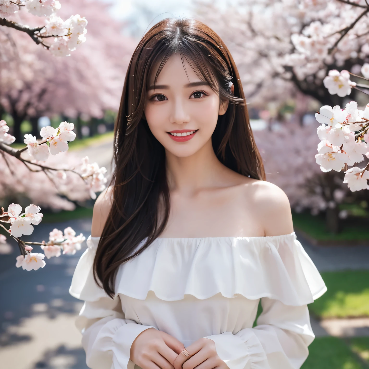 (highest quality、table top、8k、best image quality、Award-winning work)、one beautiful woman、30 years old、the biggest smile looking at me、standing elegantly、close up of face、long hair fluttering in the wind、(The most classy white off shoulder ruffle blouse:1.1)、emphasize body line、very bright and vivid、The background is a cherry tree、(Many cherry blossom trees blooming in high places:1.2)，cinematic lighting、cinematic performance、perfect makeup、long eyelashes、beautiful lipstick、(perfect anatomy:1.1)、Ultra high definition beauty face、Super high definition perfect beautiful teeth、ultra high definition hair、Super high-definition sparkling eyes、(Super high resolution bright and shiny skin:1.1)、Super high resolution glossy lips、elegant posture