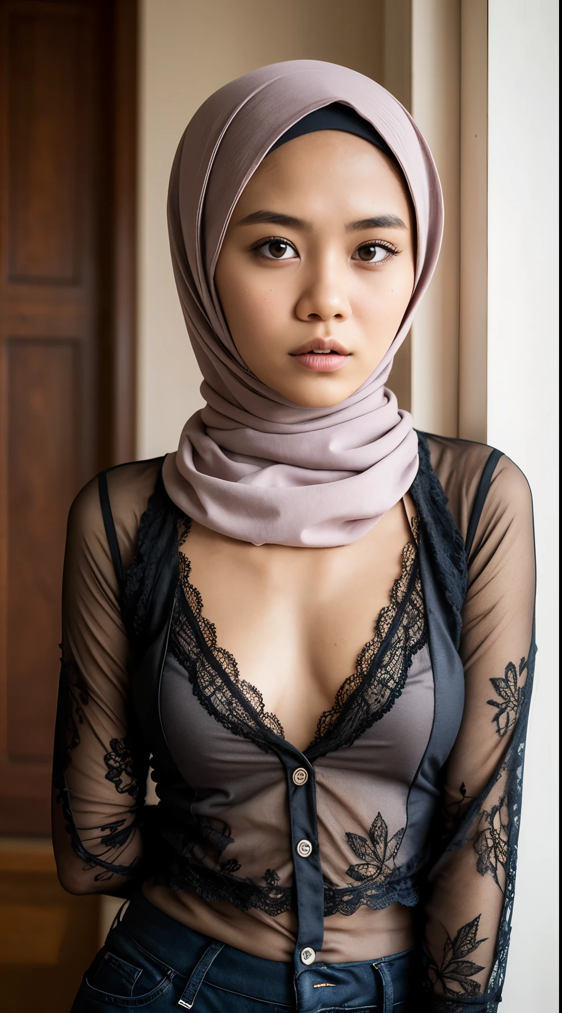 Naked, Angry pose, Angry face, (((HIJAB MALAY GIRL))), masutepiece, High quality, UHD 45K, Realistic face, Realistic skin feeling , A Malaysian Lady, 8 , , Very cute and baby-like face, (((FLAT CHEST))), (MATRIX WORLD), ((look In front  at the camera and SADNESS)), ((())), (((CUTE GIRL))), ((TRANSPARENT)), ((PASTEL MAROON LIPS)), ((PASTEL MAROON LACE)), ((TRANSPARENT)), ((CHUBBY)), ((UNDRESS)).