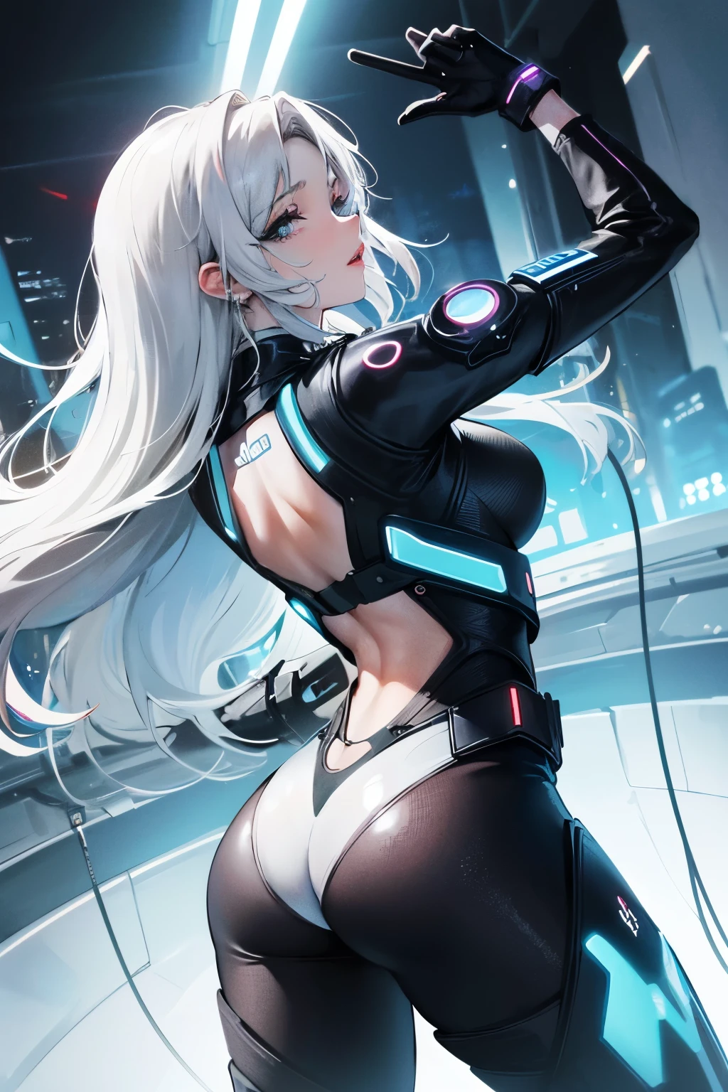 belissima cyberpunk science fiction book image, sensual and erotic young voluptuous special cyborg policewoman in a highly sexy futuristic technological uniform with a black low cut and beautiful and long completely white hair, orelhas eletronicas e pontudas de elfa, um olho azul e outro vermelho, back view doing erotic pose