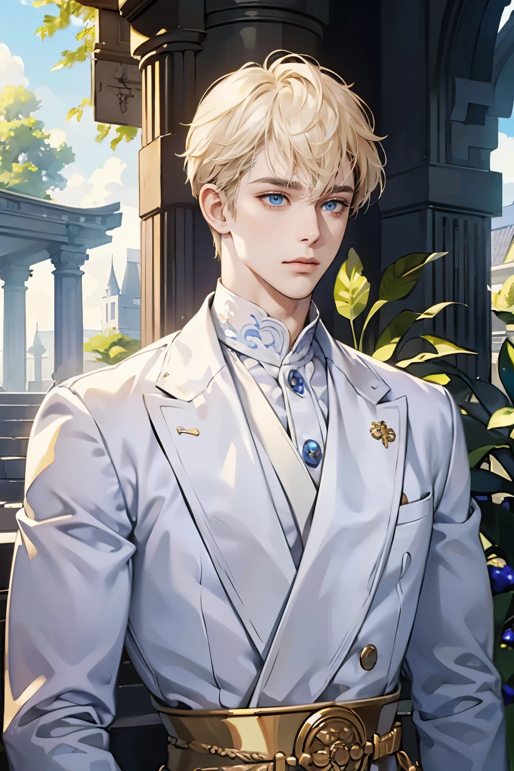 (tmasterpiece, high resolucion, ultra - detailed:1.0), (1Boy, Adult Male), The perfect male body,eyes look at the camera, (Prince:1.3), finely eye and detailed face, super detailed CG, Unity 8k wallpaper, intricated details, Solo person, Detailed face, (white royal costume, with short golden hair, Blue Eyes, sad look), plein air, sonoko, Flowers and trees, marble column, color difference, Depth of field, dramatic shadows, Ray tracing, Best Quality, portrait of a