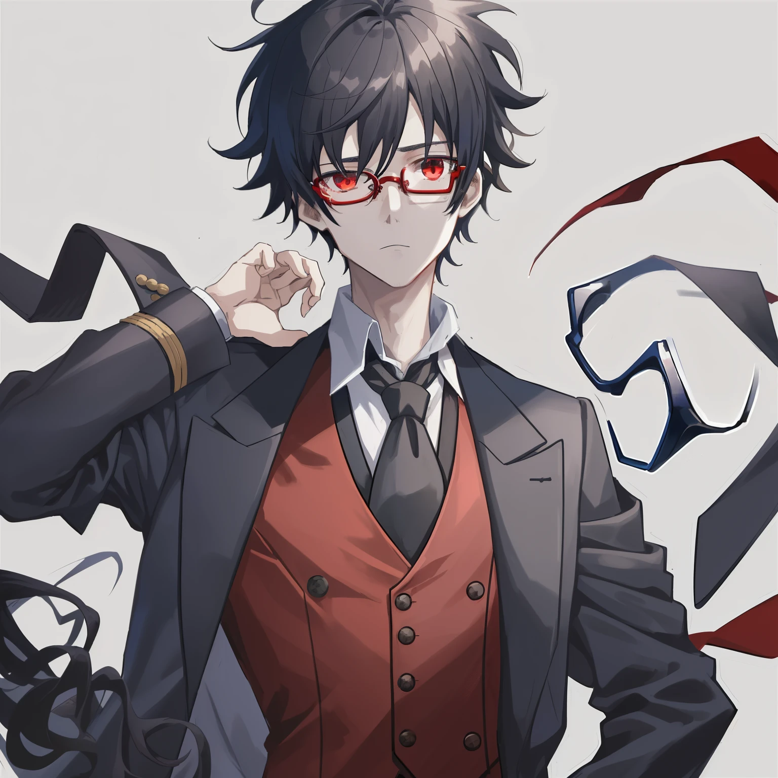 1boy, anime, unkempt_short_wavy_hair, black_hair, navy_blue_long_coat, red_waistcoat, black_ascot_tie, red_eyes, white_background, black_glasses, looking_at_viewer 