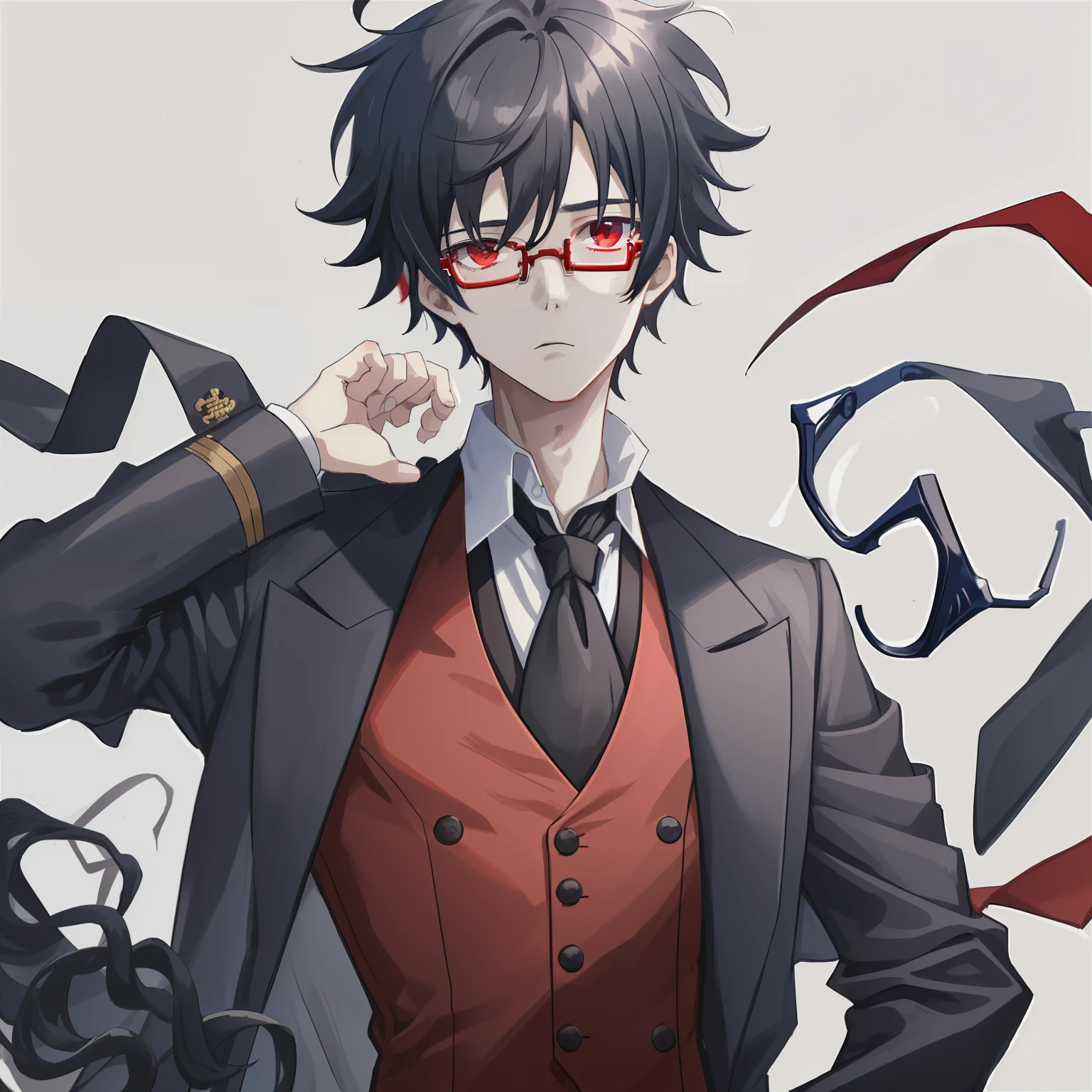 1boy, anime, unkempt_short_wavy_hair, black_hair, navy_blue_long_coat, red_waistcoat, black_ascot_tie, red_eyes, white_background, black_glasses, looking_at_viewer