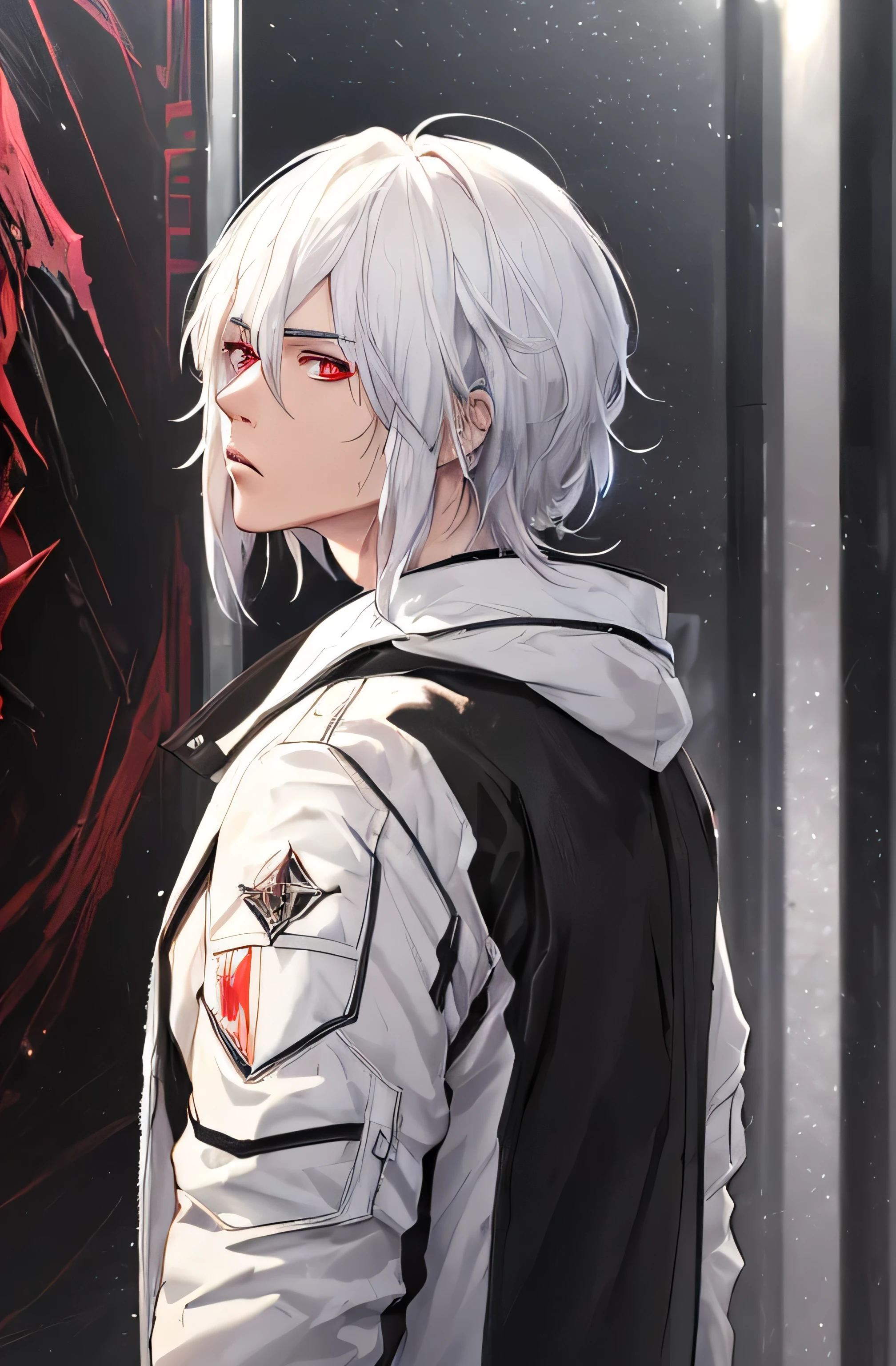 (best quality,4K,8K,high resolution,chef-d'artwork:1.2),ultra-detailed,realistic,(animated:1.1) conception,(personnage,male,Hommes,Un seul personnage),(beau:1.1),(Art parfait:1.1),(cheveux blancs:1.1),(les yeux rouges:1.1),(black clothing:1.1),(fond d'screen:1.1),(animated style:1.1),(androgyne:1.1),(Grande veste:1.1),(portraits:1.1),(Couleurs vives:1.1),(Sharpness:1.1),(Peinture ultra fine:1.1),(artistes conceptuels:1.1),(HDR:1.1),(UHD:1.1),(Studio lighting:1.1),(PHYSICALLY BASED RENDERING:1.1),(extremely detailed description:1.1),(professionnel:1.1),(horreur:1.1),(paysage:1.1),(Science-fiction:1.1),(la photographie:1.1),(Bokeh:1.1),(colored:1.1),(soft lighting:1.1), coupe de cheveux moyenne, grande veste blanche, cheveux lisses, androgyne, male character, veste cyberpunk