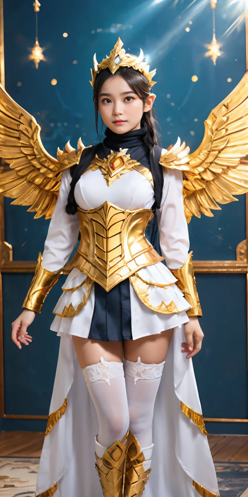 Female, 20 years old, short black wavy hair、bangss、Puffy nipple、(White Turtleneck Knit), (( long sleeve underwear)), (Gold long skirt), long White stocking, cute face,Japanese cute  girls long dress in white and gold with wings and a sword, (wearing hijab:1.2),((covered underwear)), (full iron golden armor:1.2), ((take Sword)), (wearing gold wing crown), ((gemstone:1.2), ((Wing-shaped gold ornament on the head)), ornate cosplay, as a mystical valkyrie, the sailor galaxia, beautiful, white and gold priestess robes, anime cosplay, glamourous cosplay, with fiery golden wings, cosplay, professional cosplay, goddess of light, facing forward body angel, cosplayer, perfect makeup, perfect face, beautiful face, beautiful body, closed chest, big breasts, closed legs, ((luxurious mosque background)), (flying body:1.0), (jewels:1.2), (Emitting light), (flying flowers:1.0), above clear water,  of heaven, smog, sunny weather